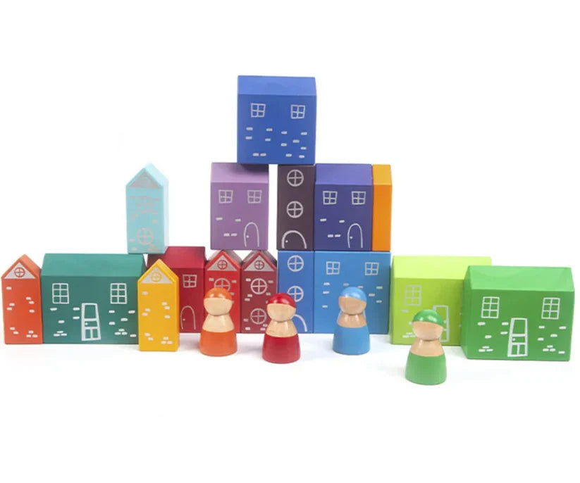 Wooden 4 Dolls and Rainbow Houses Town