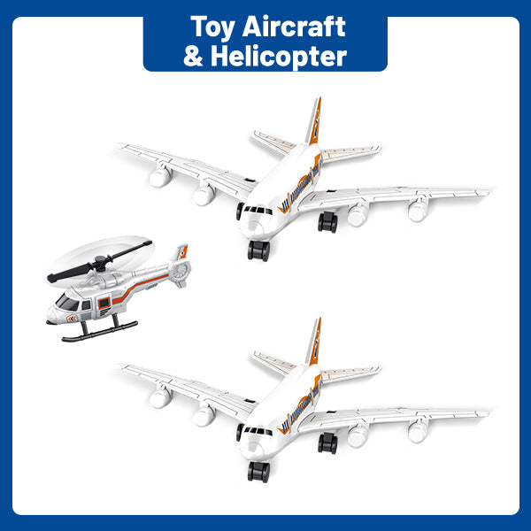 Interactive Aircraft Play Set for Kids with Big Battle Map Trucks aircraft tower and you get 2 airliners, 1 helicopter, aircraft trailer, aircraft lift, luggage truck, sports car, police car, ambulance and fire truck Military Toys for 3+