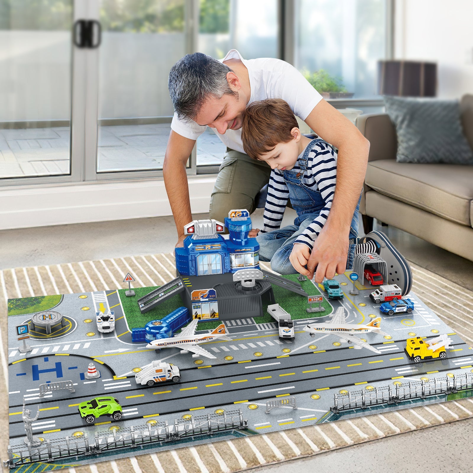 Interactive Aircraft Play Set for Kids with Big Battle Map Trucks aircraft tower and you get 2 airliners, 1 helicopter, aircraft trailer, aircraft lift, luggage truck, sports car, police car, ambulance and fire truck Military Toys for 3+