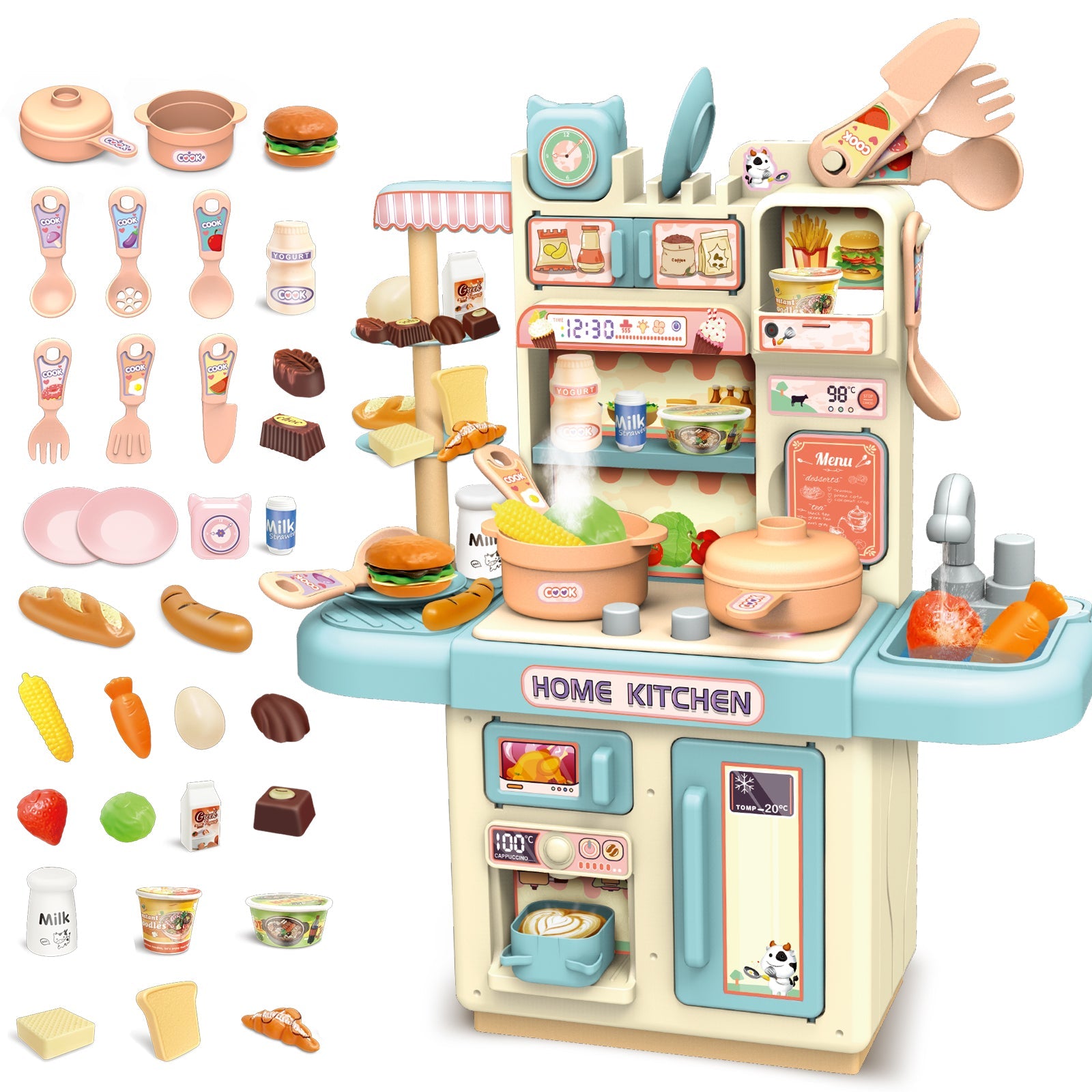 Kids Kitchen Playset Toy with Water, Light, and Steam Features Pretend Play Kitchen Set with Lots of Kitchen Accessories for Toddlers