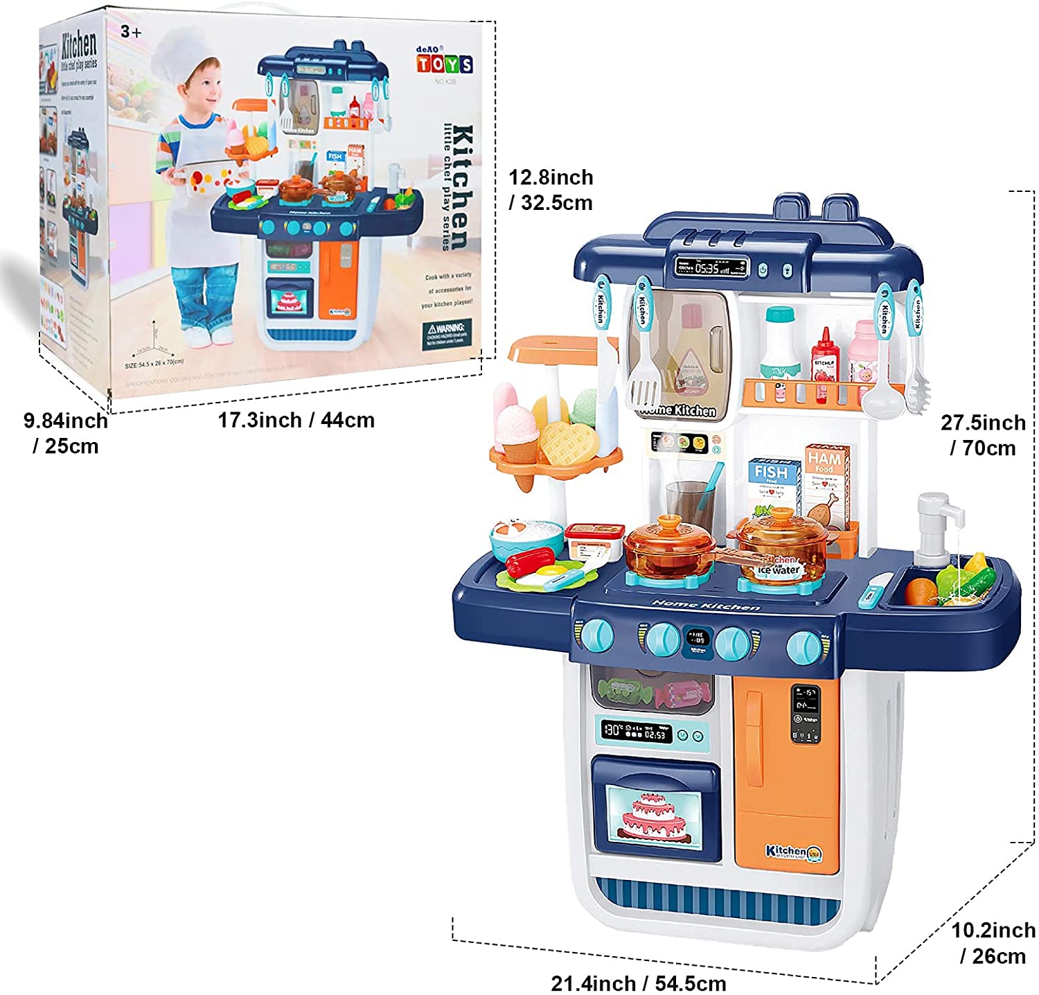 ‘My Little Chef’ Miniature Kitchen Play Set with 34 Accessories, Induction Hob, Water, Light and Sound Features (BLUE)