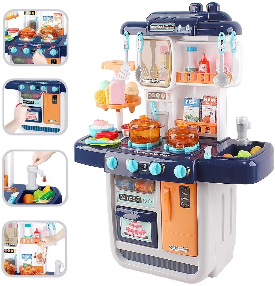 ‘My Little Chef’ Miniature Kitchen Play Set with 34 Accessories, Induction Hob, Water, Light and Sound Features (BLUE)