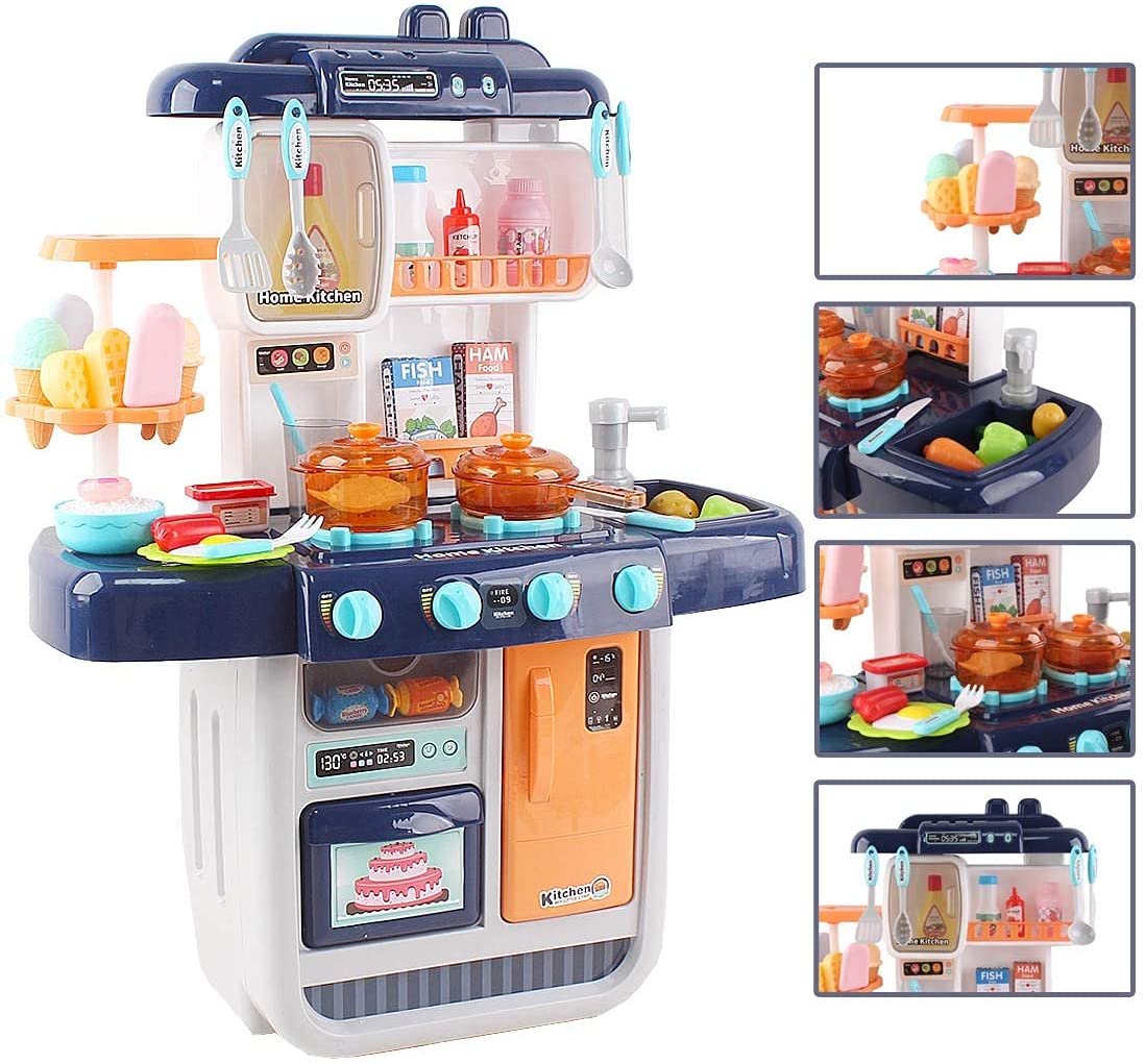 ‘My Little Chef’ Miniature Kitchen Play Set with 34 Accessories, Induction Hob, Water, Light and Sound Features (BLUE)