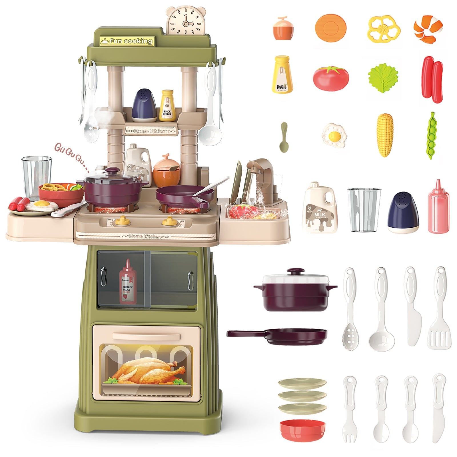 Green Pretend Kitchen Roly Play Set Kids Toy with Water Light Steam Features Gift Battery Operated Light and Sound