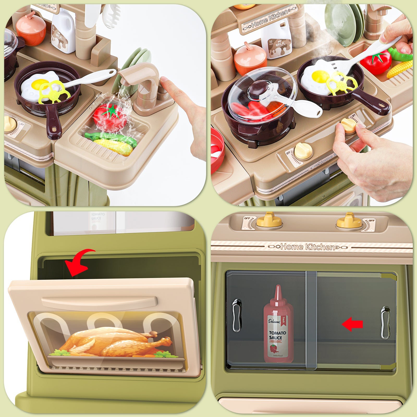 Green Pretend Kitchen Roly Play Set Kids Toy with Water Light Steam Features Gift Battery Operated Light and Sound