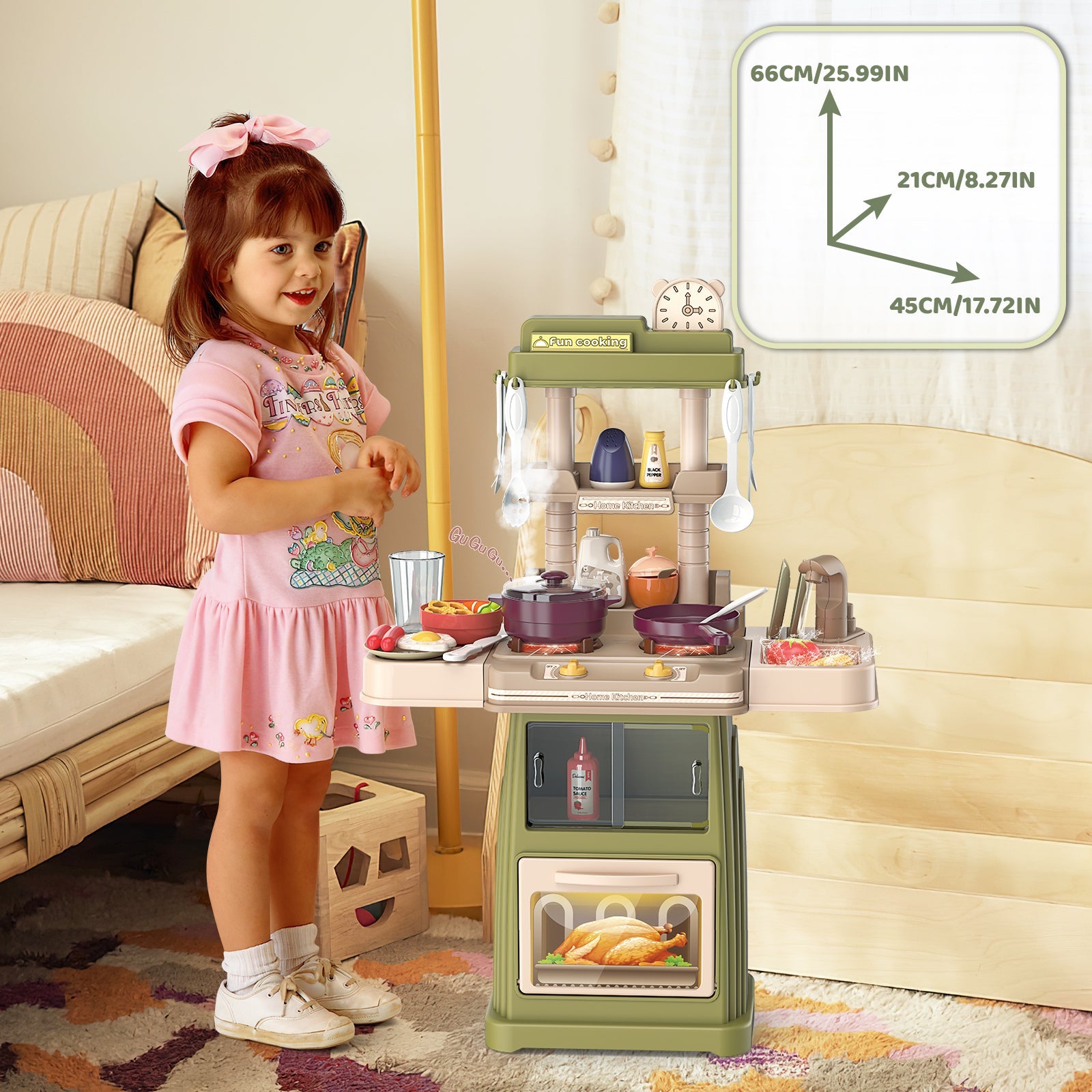 Green Pretend Kitchen Roly Play Set Kids Toy with Water Light Steam Features Gift Battery Operated Light and Sound