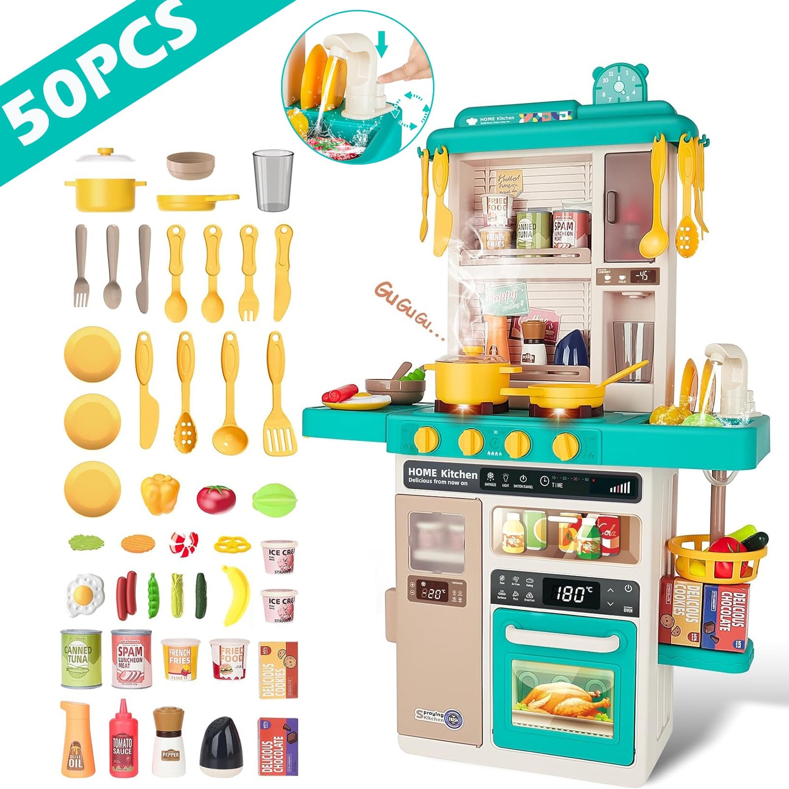 Green Realistic Lights & Sounds Kids Role Play Kitchen Set with Simulation of Spray Features Toys with Lots of Kitchen Accessories Gift