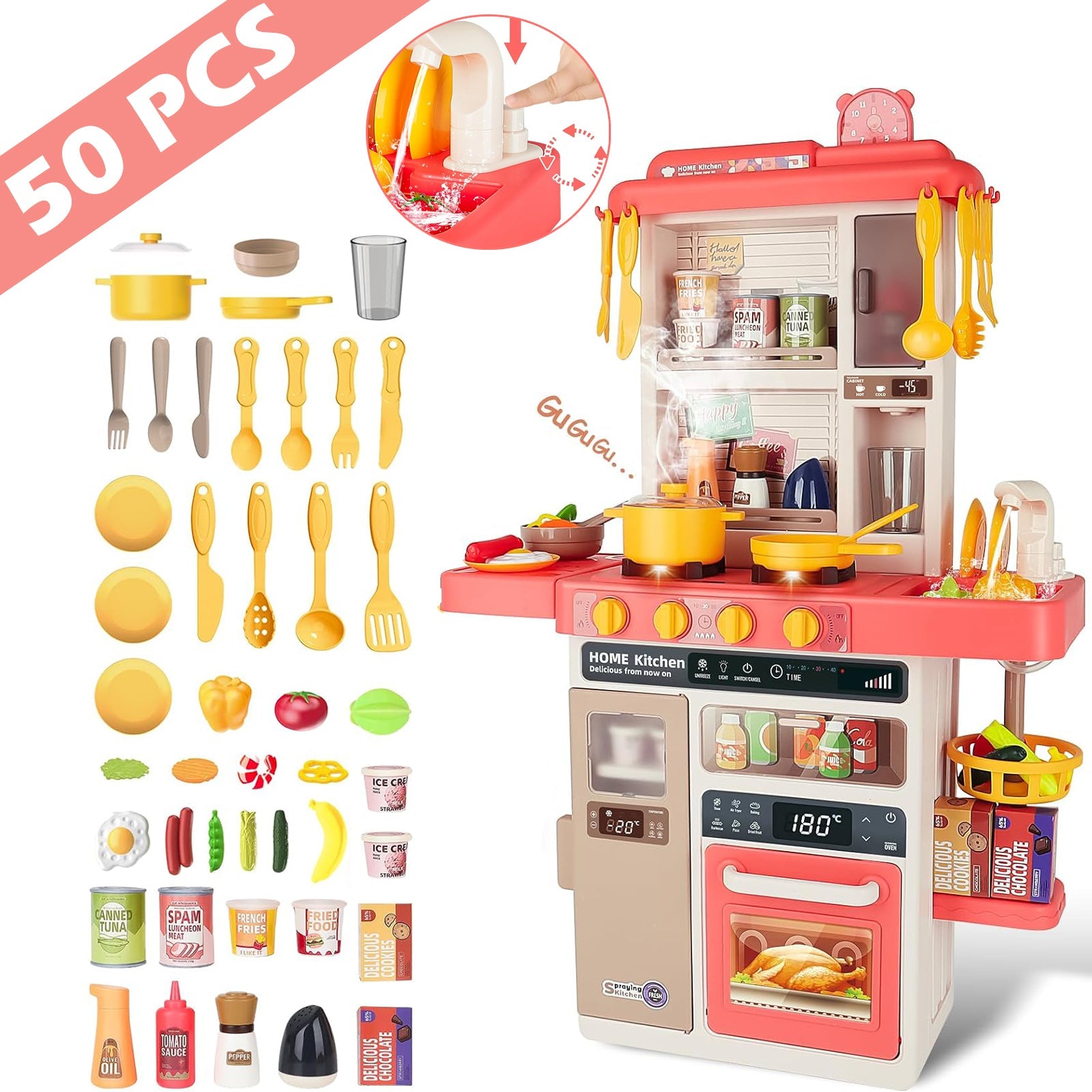 Pink Kitchen Playset Toy with Realistic Lights & Sounds Simulation of Spray Features Pretend Role Play Toys with Lots of Kitchen Accessories