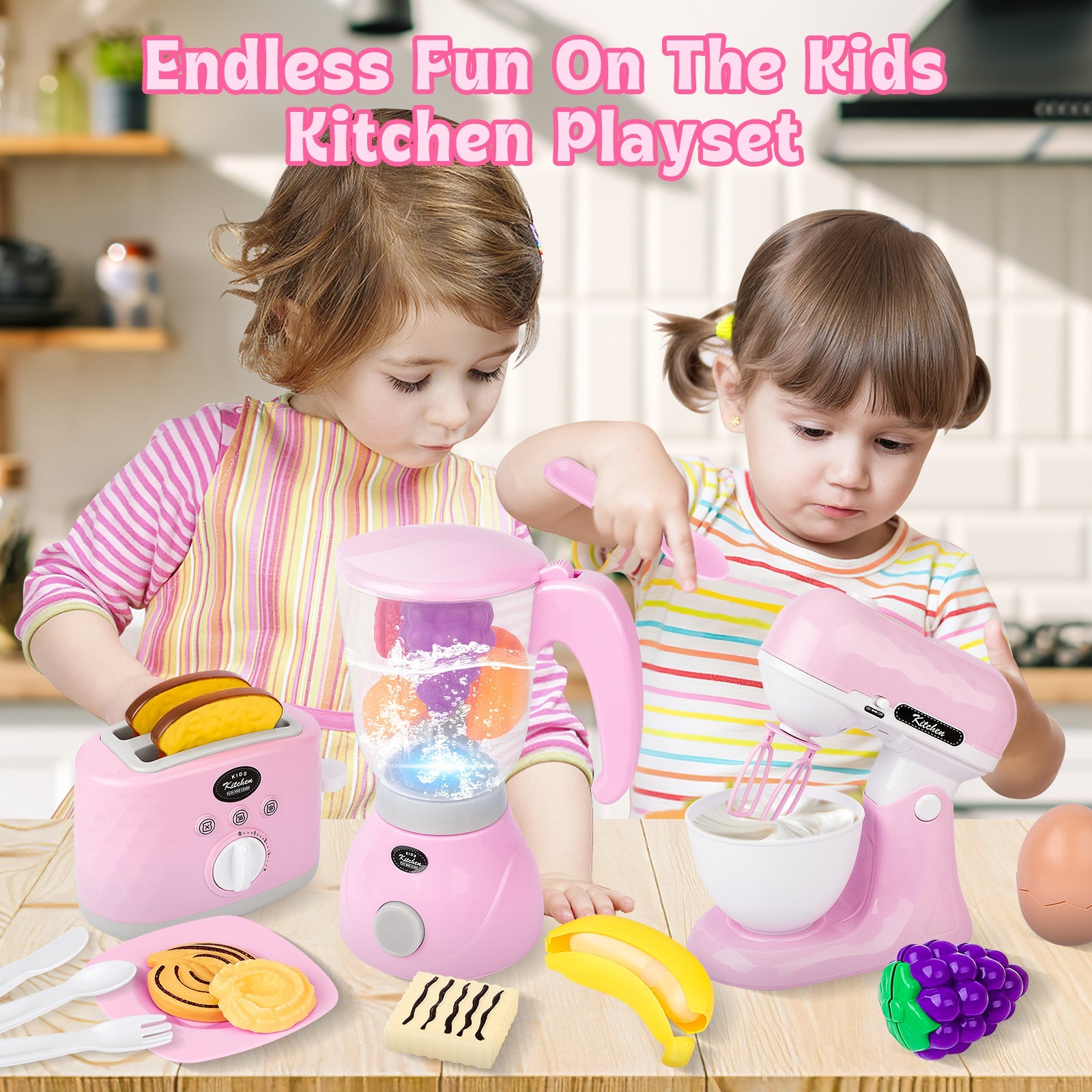 29 Pce Play Kitchen Cooking and Baking Toy Set with Pink Appliances with Blenders, Juicers, Toasters and utensils Pretend Play Kitchen Playset with Sounds for Kids Ages 3+