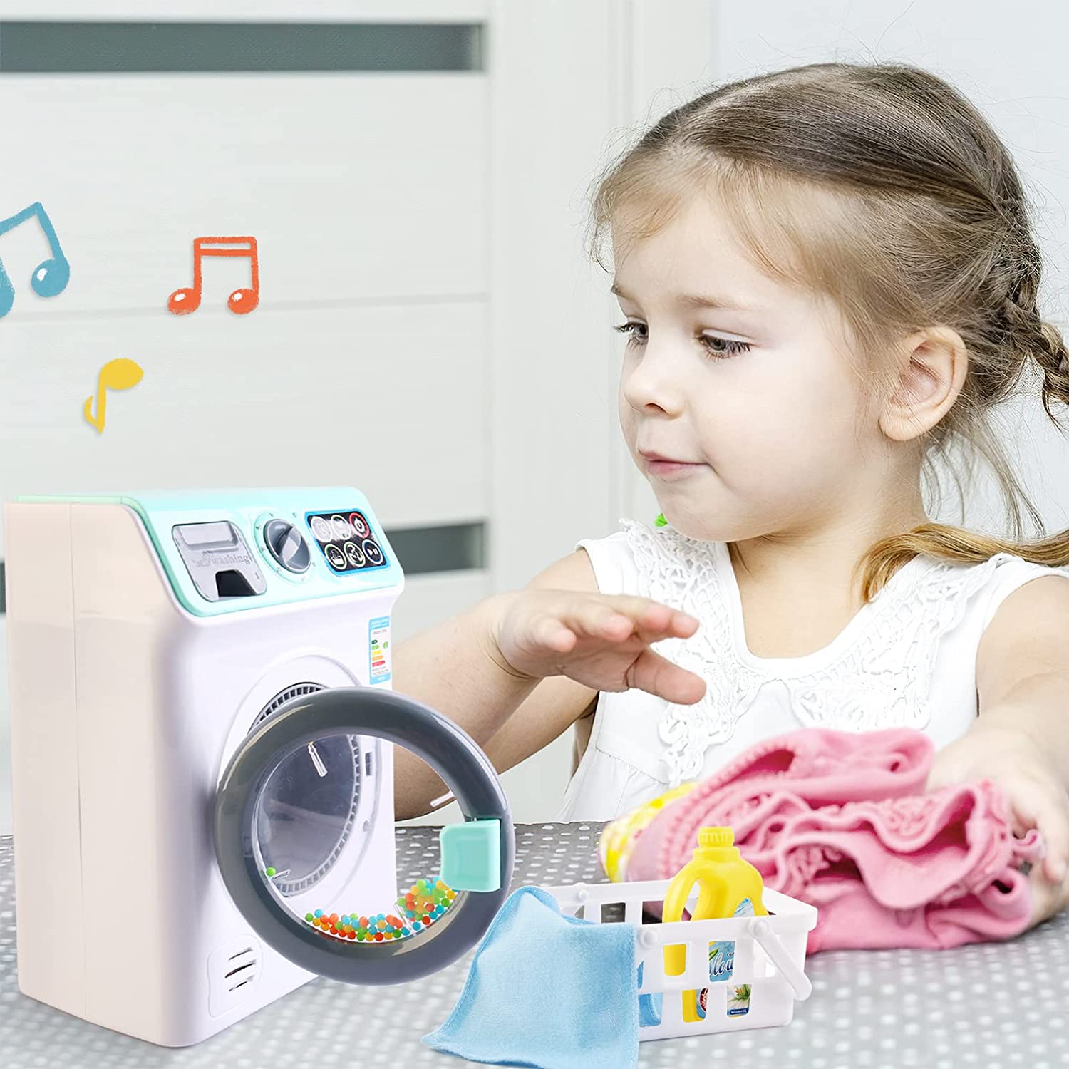 'My First Washing Machine' Laundry and Cleaning Play Set for Kids Christmas Gift Educational Toys with Realistic Functions