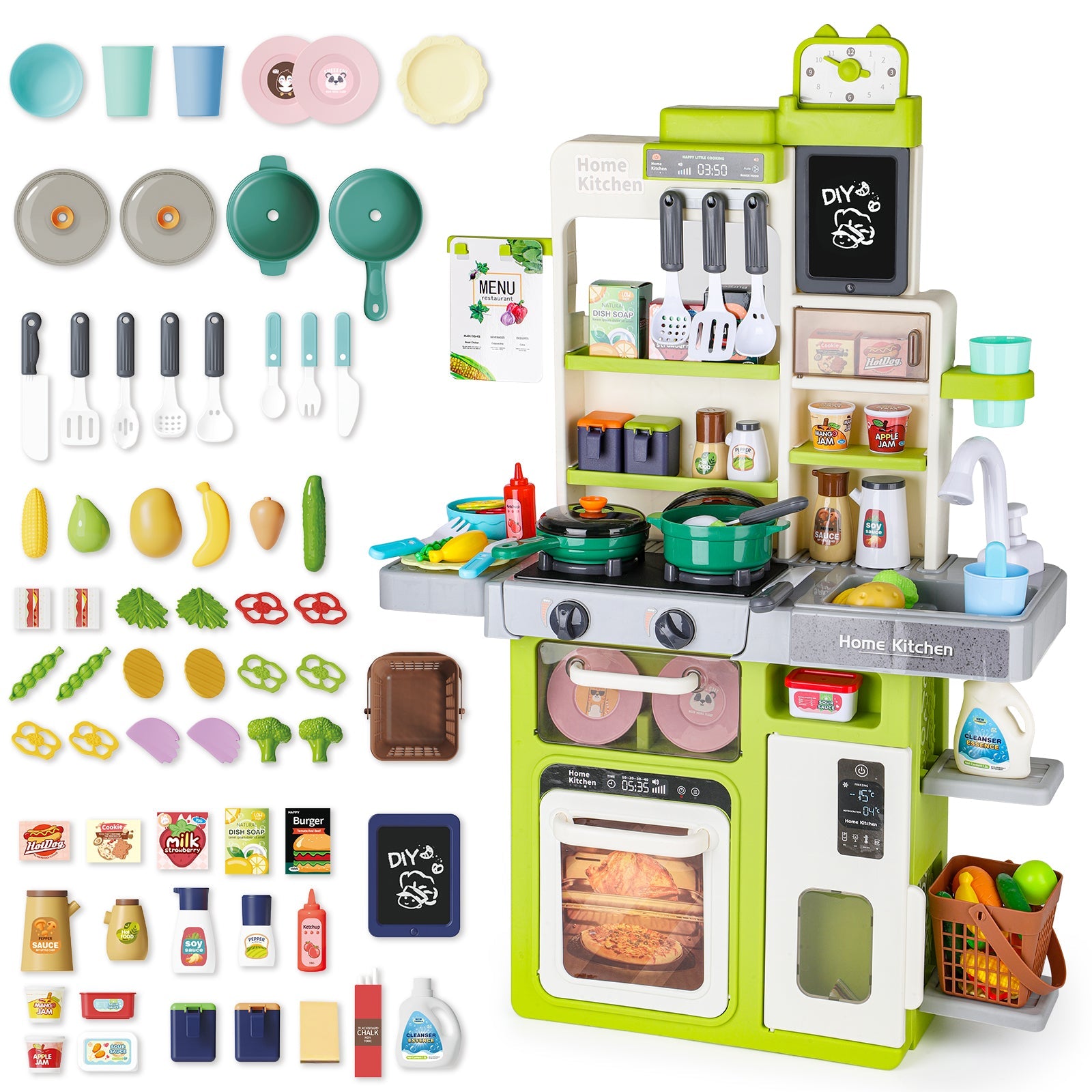 Interactive Kids Kitchen Playset with Realistic Features and Accessories with play food, stove, oven, storage space, and kitchen appliances