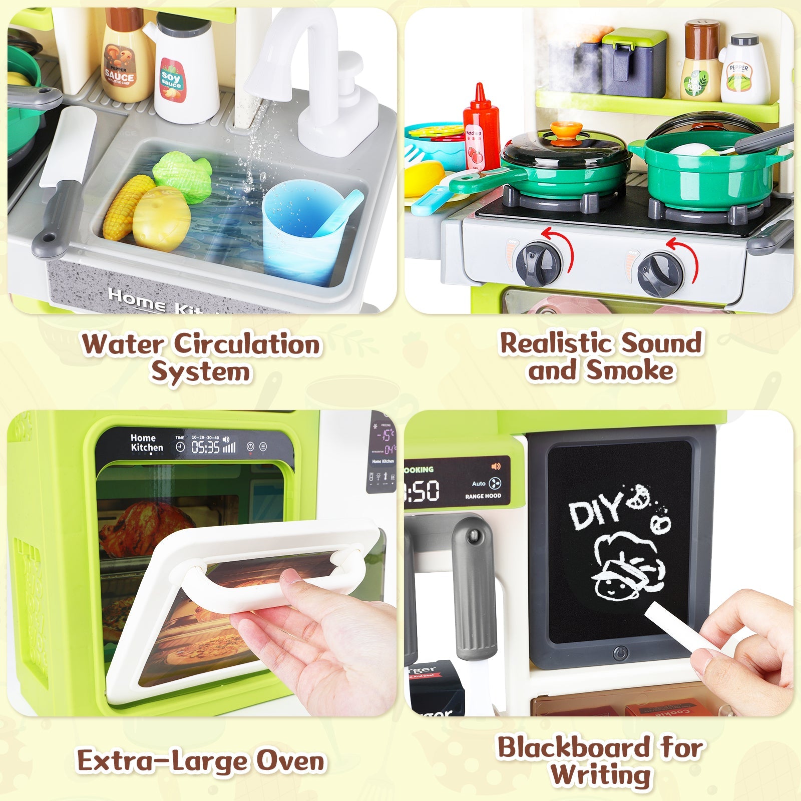 Interactive Kids Kitchen Playset with Realistic Features and Accessories with play food, stove, oven, storage space, and kitchen appliances