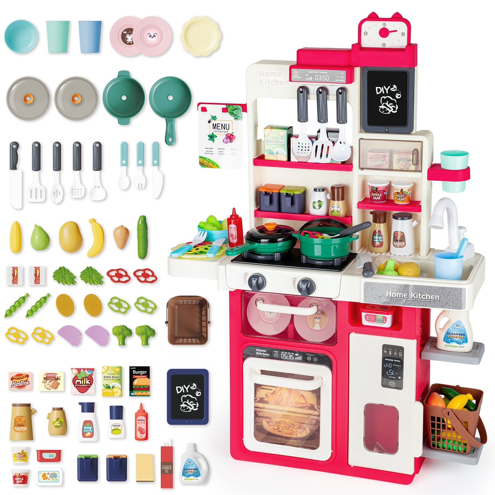 Interactive Kids Kitchen Playset with Realistic Features and Accessories with play food, stove, oven, storage space, and kitchen appliances