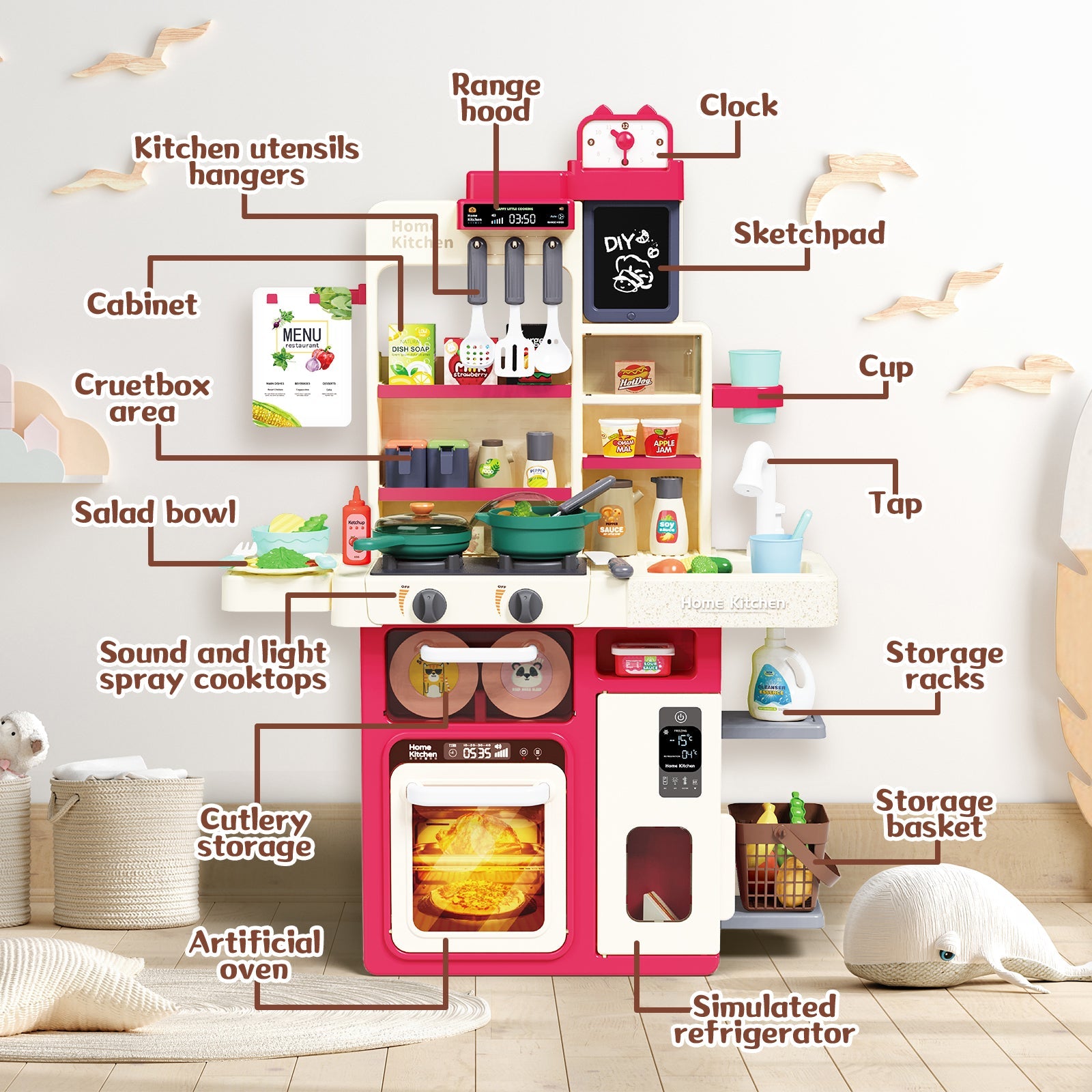 Interactive Kids Kitchen Playset with Realistic Features and Accessories with play food, stove, oven, storage space, and kitchen appliances