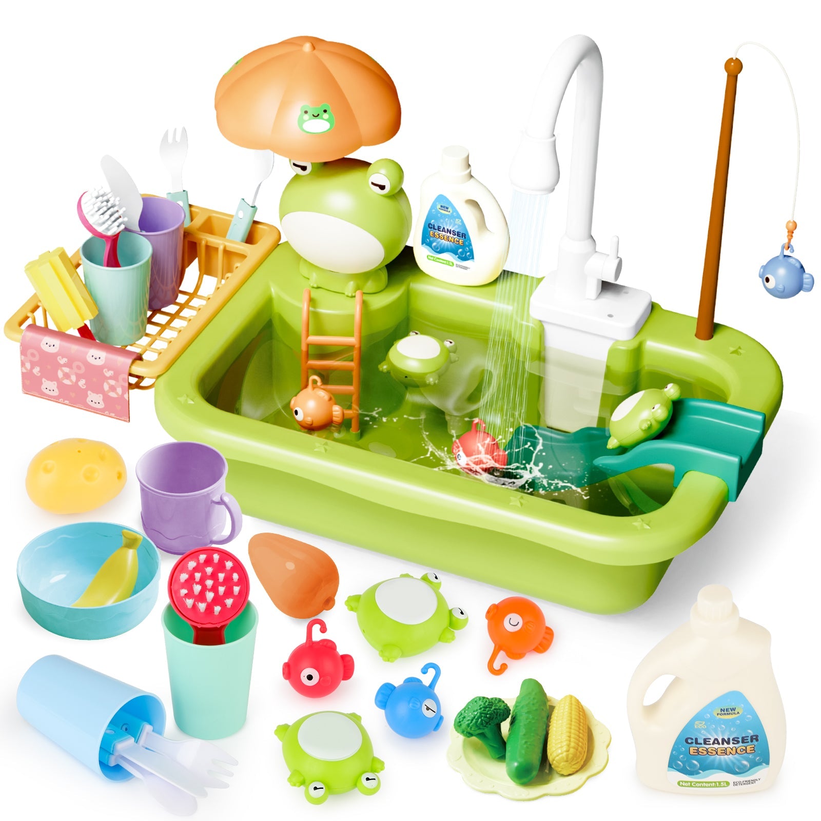 Green Frog Kitchen Play Sink with Running Water Pretend Play Wash-up Kitchen Sets Upgraded Water Faucet Kids Role Play Dishwasher Toy