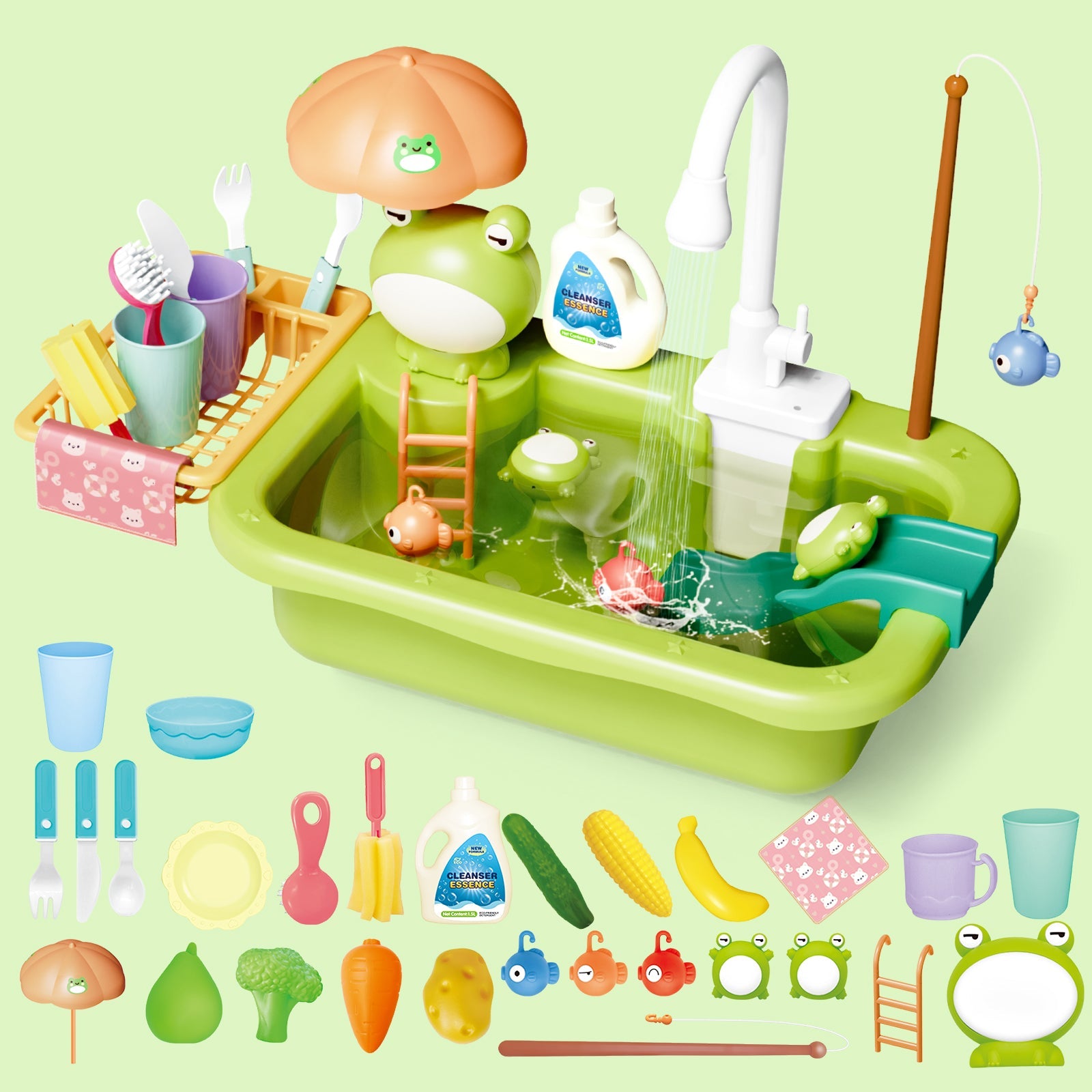 Green Frog Kitchen Play Sink with Running Water Pretend Play Wash-up Kitchen Sets Upgraded Water Faucet Kids Role Play Dishwasher Toy