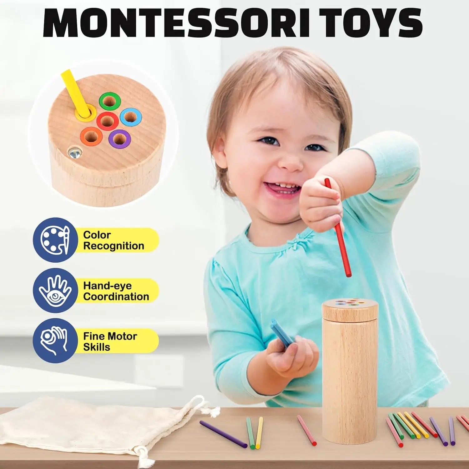 Fidtoy Wooden Toy for Toddlers Color Matching Stick Toy Montessori Fine Motor Learning Toy