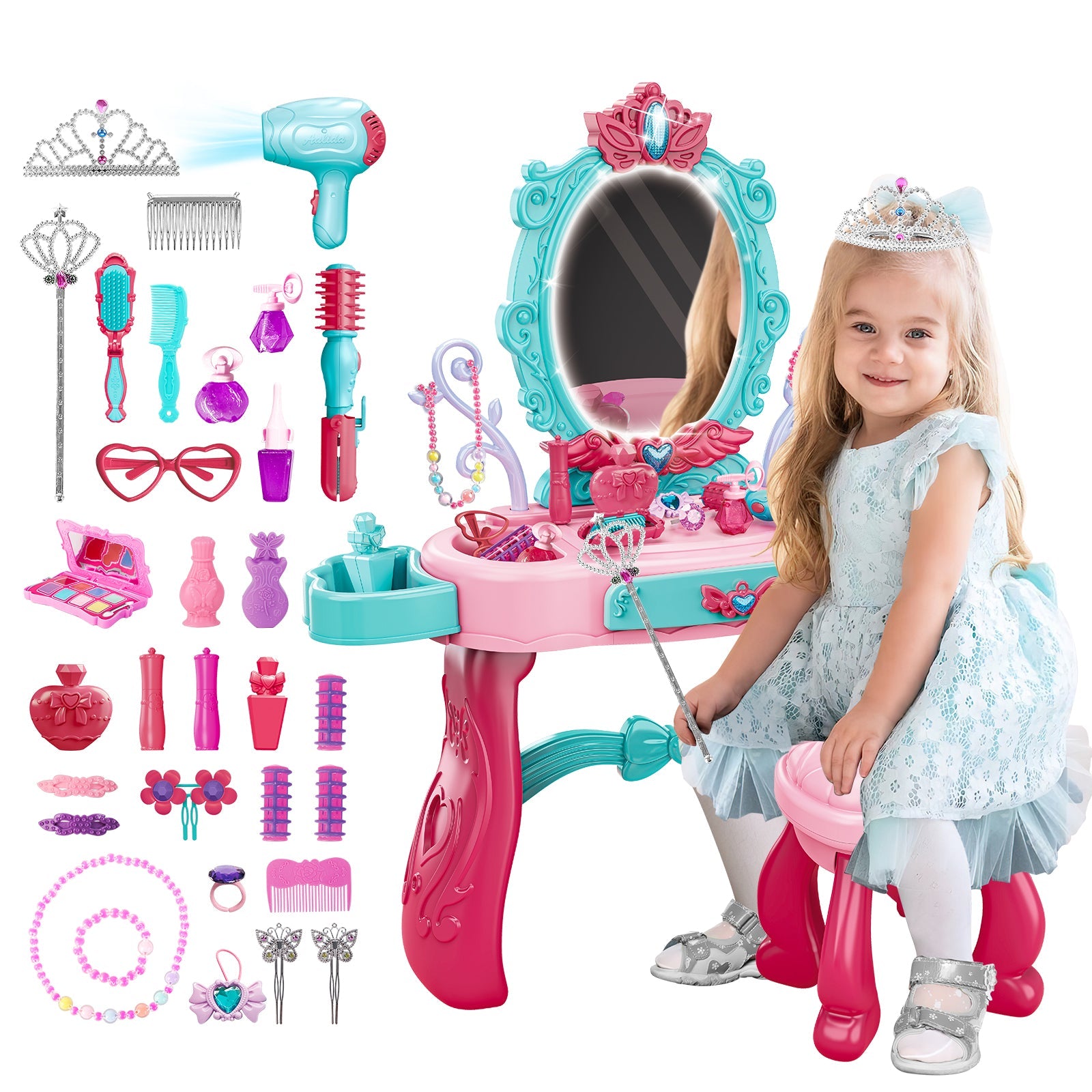 Princess Vanity Dressing Table with Stool Children Role Play Makeup Styling Set Toy Gifts