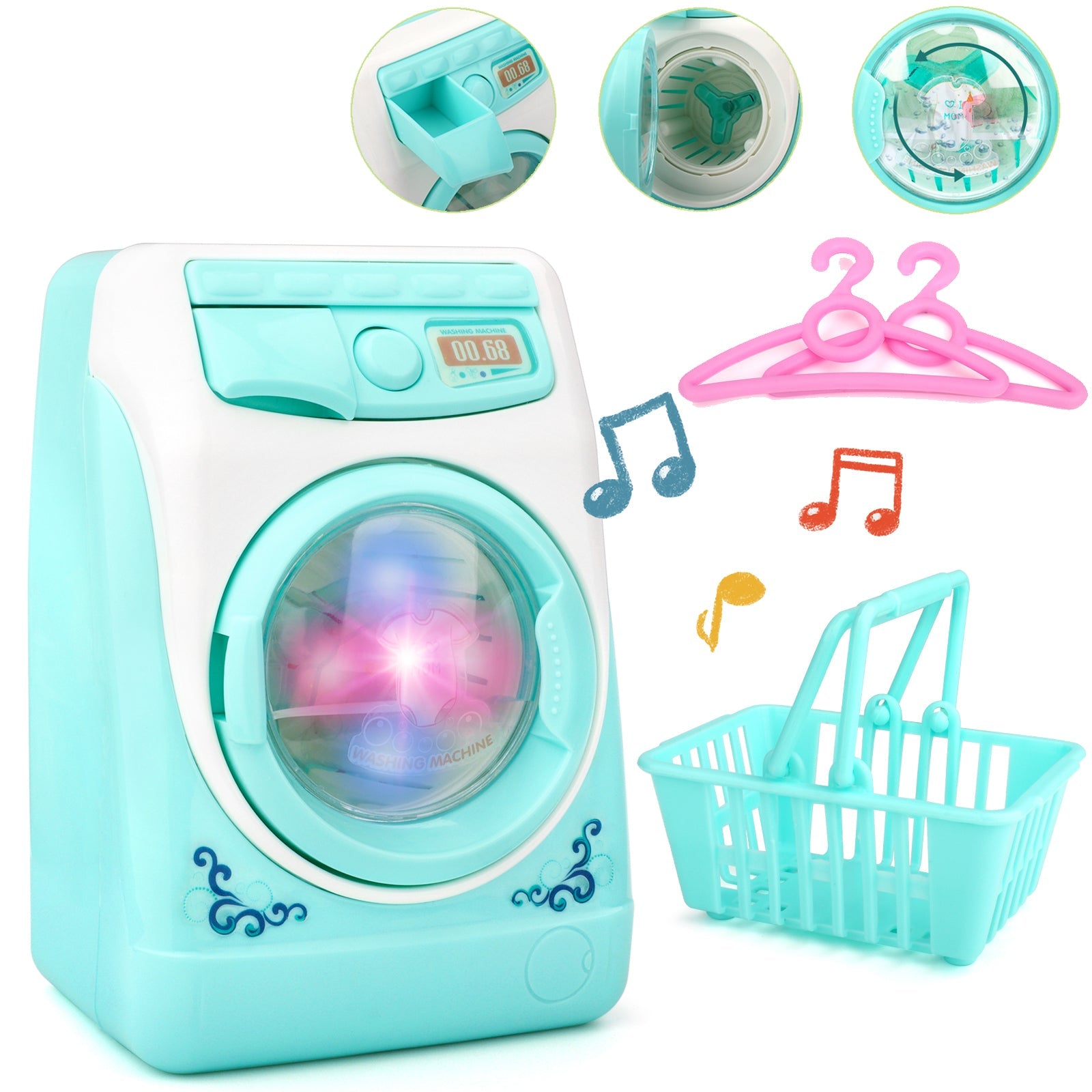 Toy Washing Machine Mini Electric Plastic Washing Machine w/ Realistic Sounds Lights Kids Cleaning Toys Birthday Christmas Gift for Kids