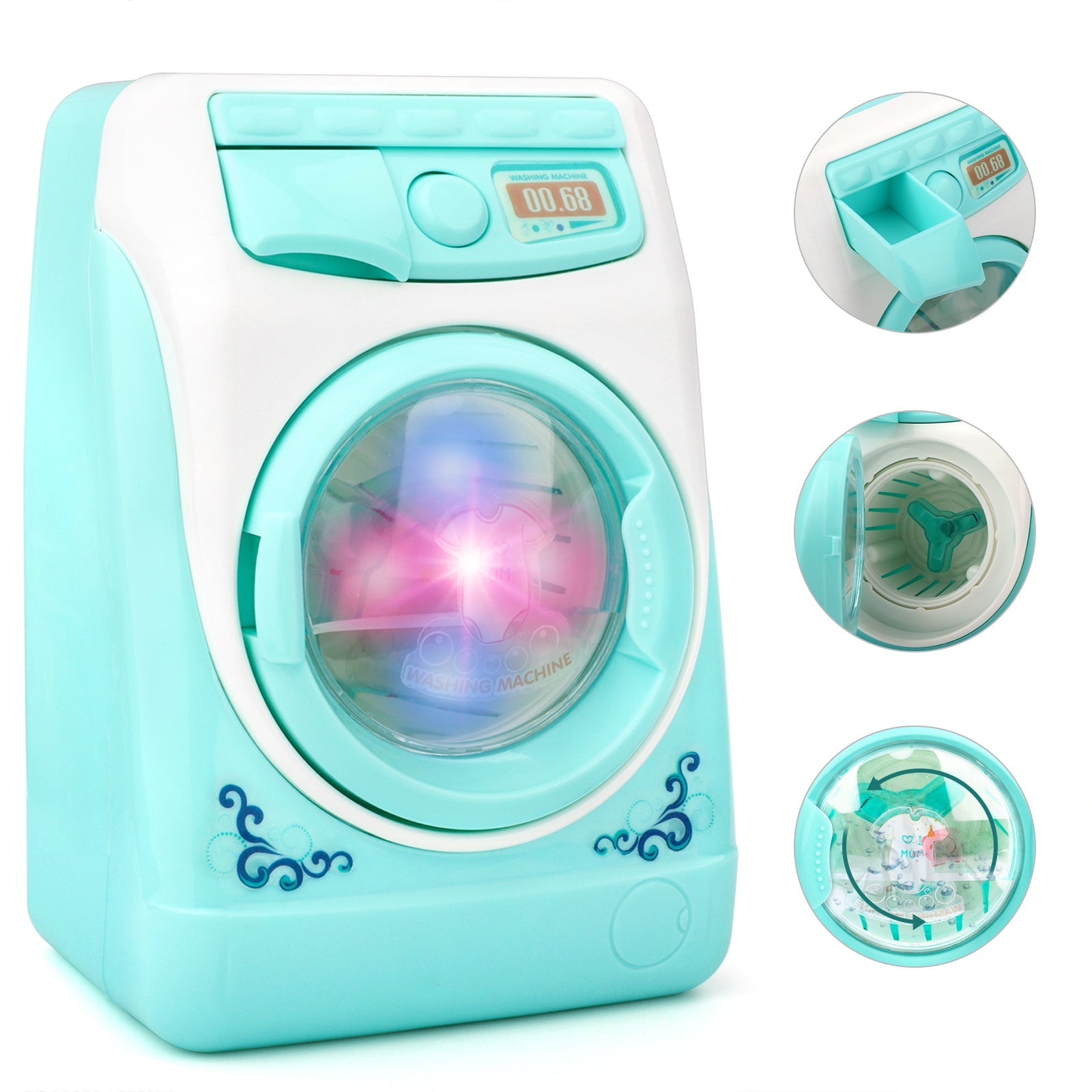 Toy Washing Machine Mini Electric Plastic Washing Machine w/ Realistic Sounds Lights Kids Cleaning Toys Birthday Christmas Gift for Kids