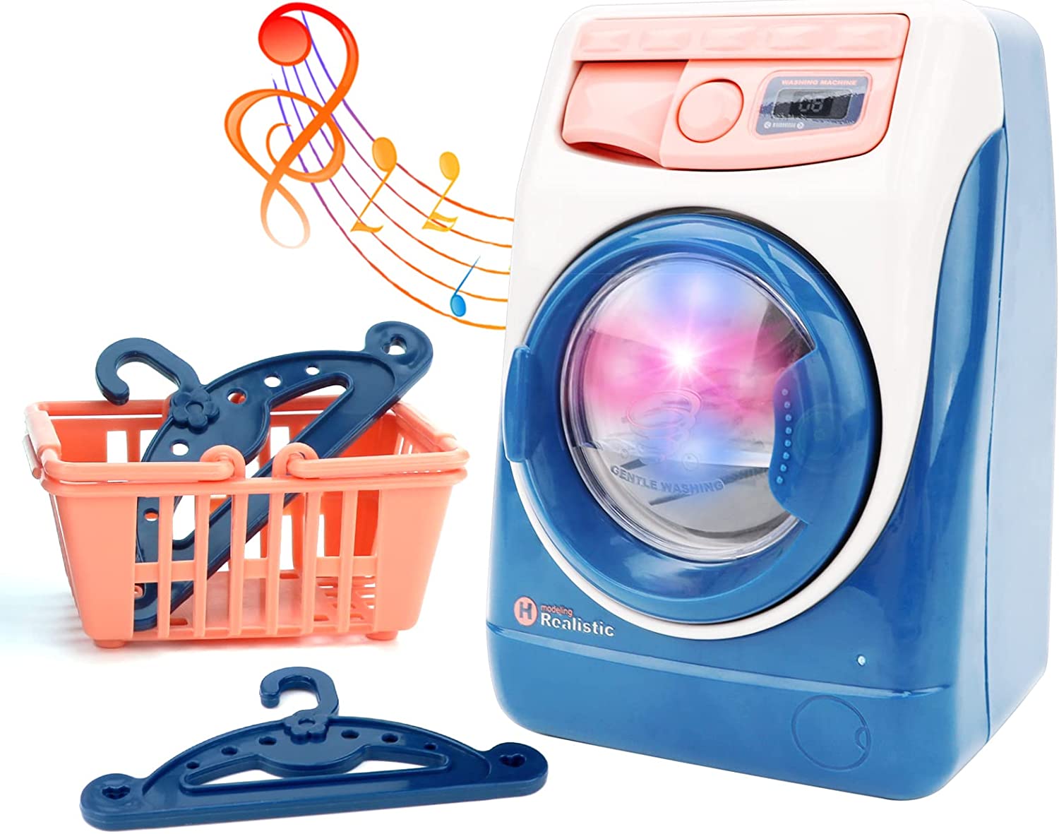 Mini Pretend Toy Washing Machine Laundry Toy Set Household Appliance Battery Powered Realistic Sounds With Lights With Hanger Basket