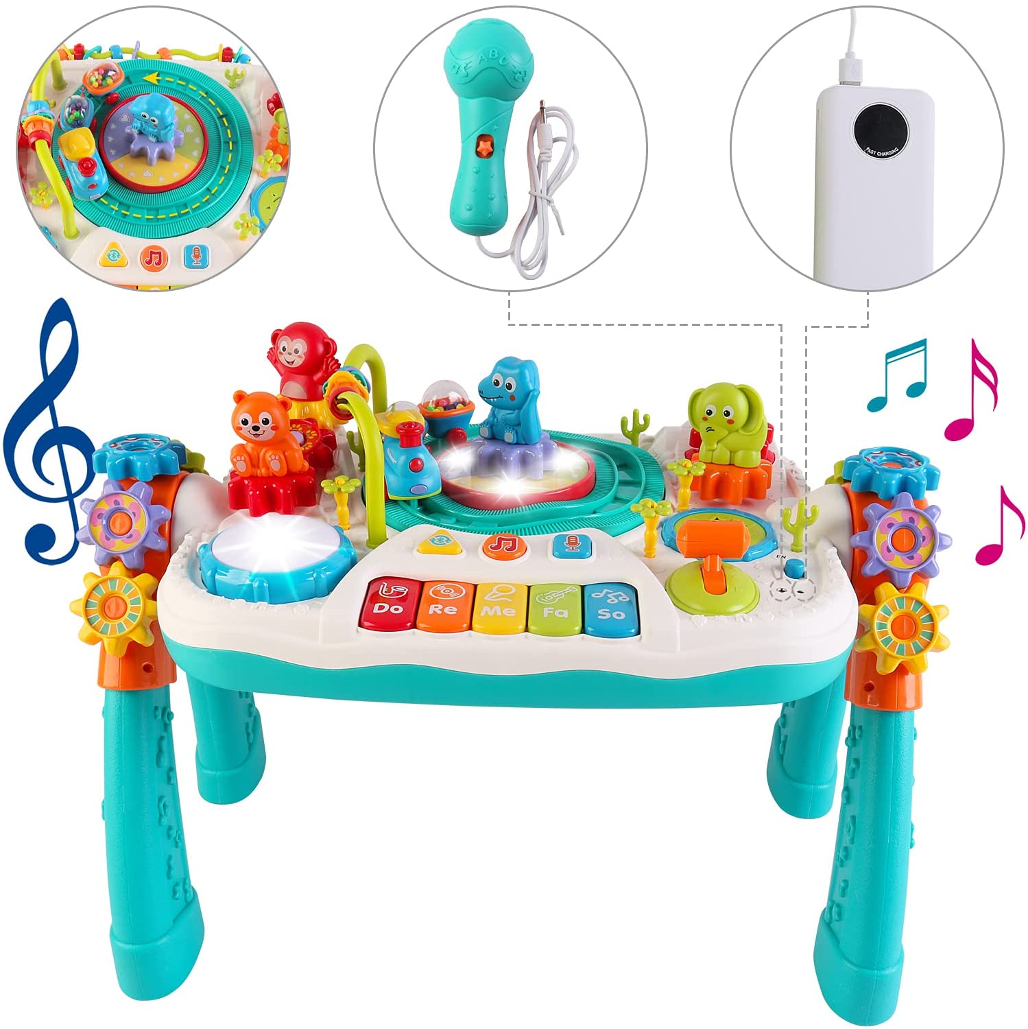 2 in 1 Multifunctional Bluetooth Learning Activity Table w/Building Blocks Panel Sound and Light Functions Great Christmas Gift for Kids