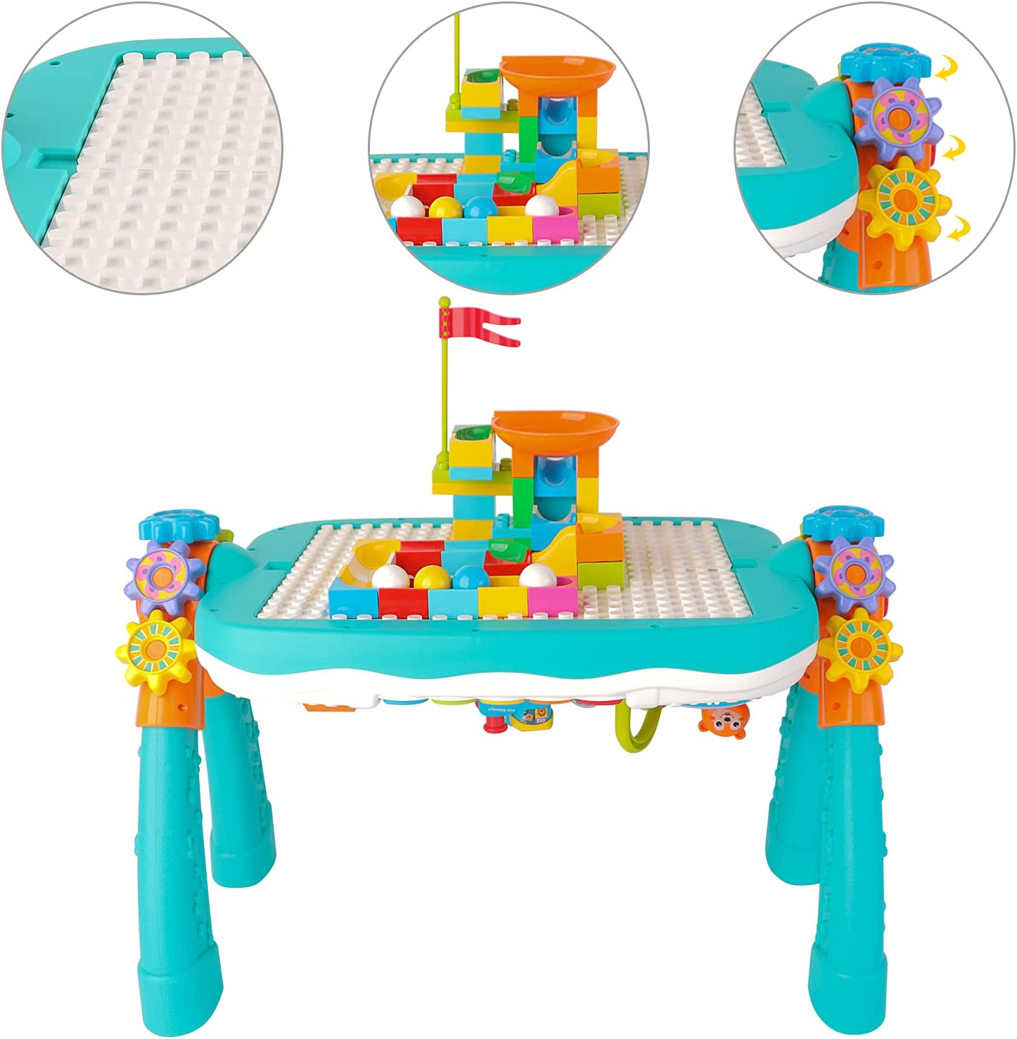 2 in 1 Multifunctional Bluetooth Learning Activity Table w/Building Blocks Panel Sound and Light Functions Great Christmas Gift for Kids