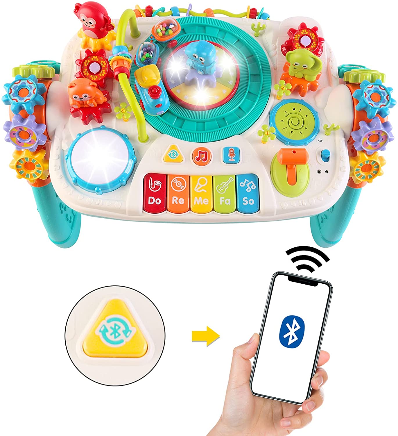 2 in 1 Multifunctional Bluetooth Learning Activity Table w/Building Blocks Panel Sound and Light Functions Great Christmas Gift for Kids