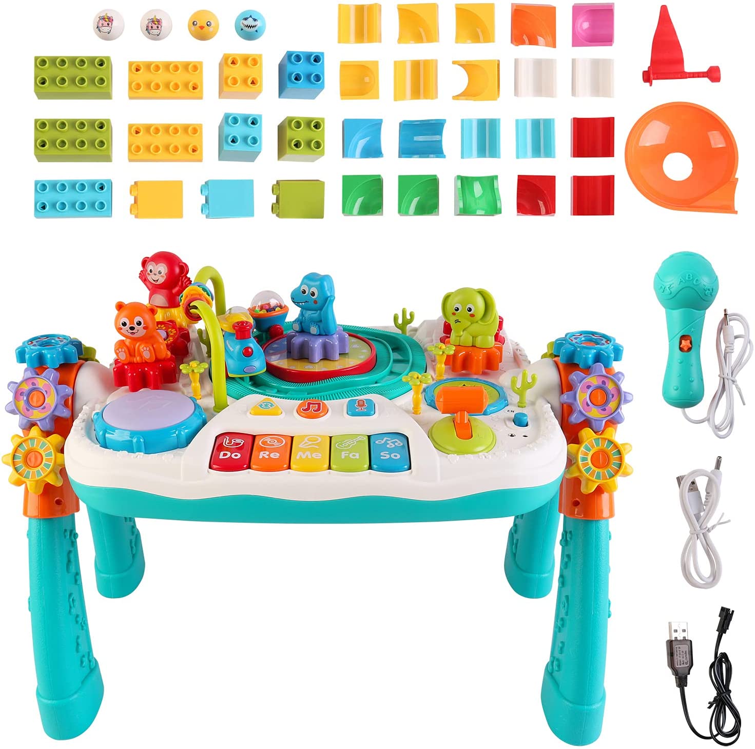 2 in 1 Multifunctional Bluetooth Learning Activity Table w/Building Blocks Panel Sound and Light Functions Great Christmas Gift for Kids