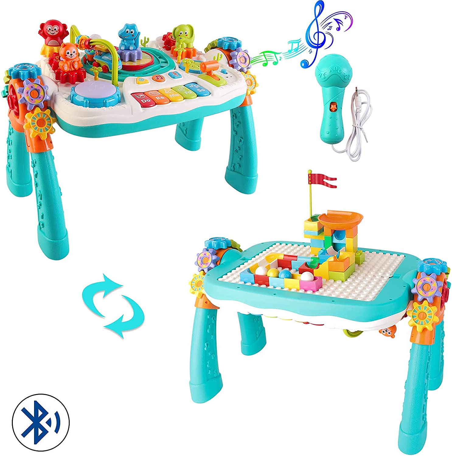2 in 1 Multifunctional Bluetooth Learning Activity Table w/Building Blocks Panel Sound and Light Functions Great Christmas Gift for Kids