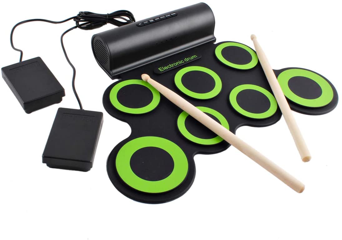 Kit de batterie électronique pliable avec haut-parleurs intégrés, pédales et baguettes – Idéal pour les enfants