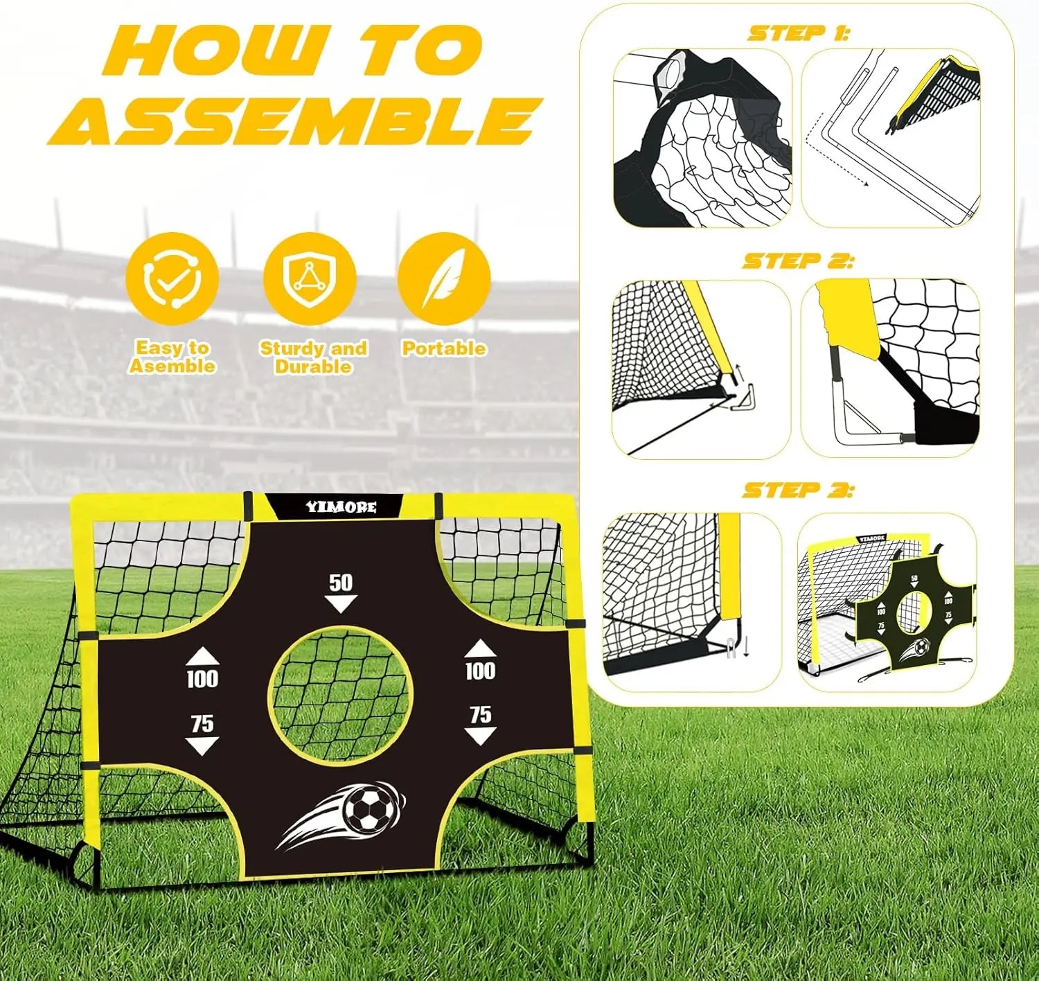 Kids 3 in 1 Portable Football Goal Foldable Soccer Net Ages 3+