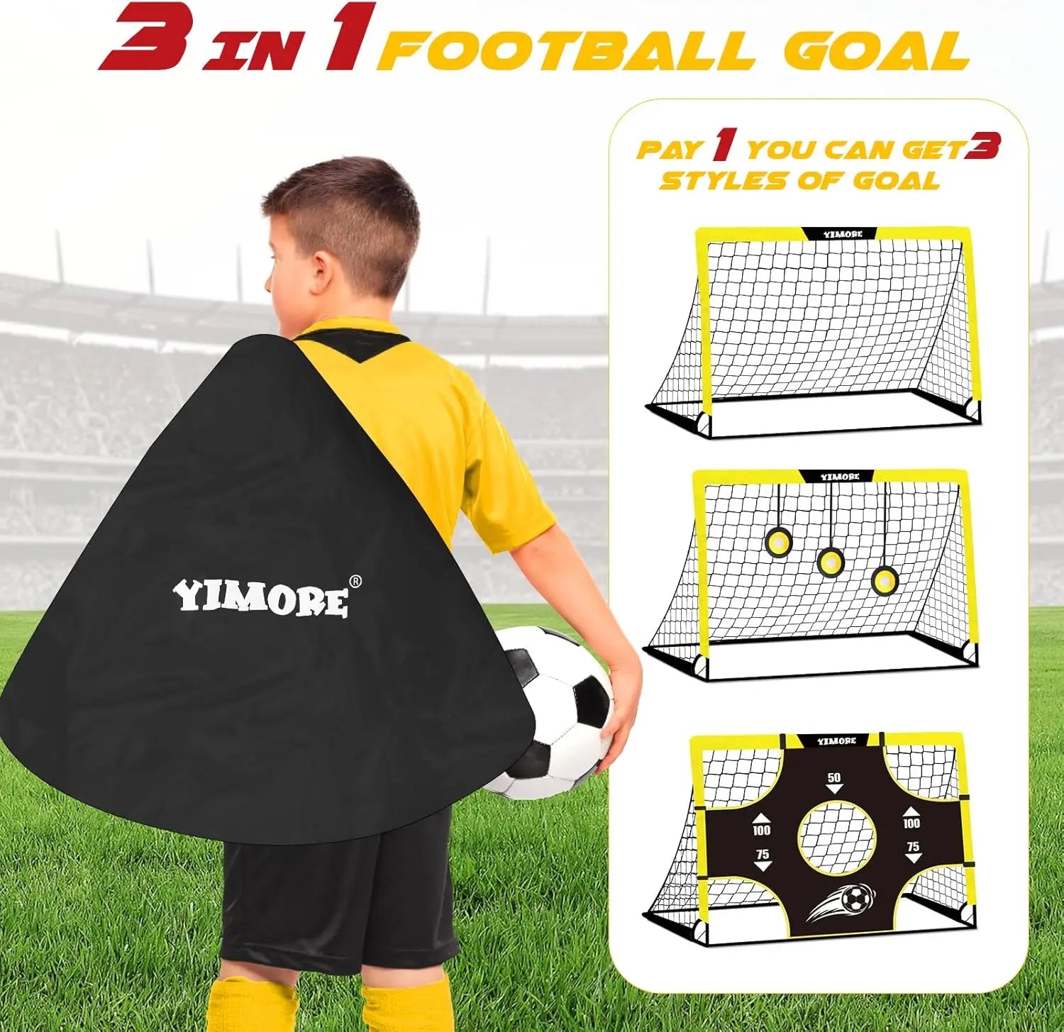 Kids 3 in 1 Portable Football Goal Foldable Soccer Net Ages 3+