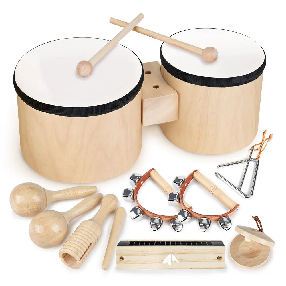 Fidtoy - Juguetes Musicales de 7 Piezas para Niños Pequeños, Set de Instrumentos de Madera, Tambor, Campanas, Maracas, Juguetes Educativos