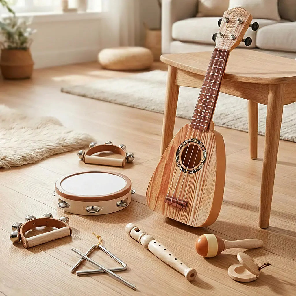 Fidtoy - Juego de 7 juguetes musicales para niños pequeños, juego de instrumentos de ukelele para el aprendizaje del ritmo de los niños