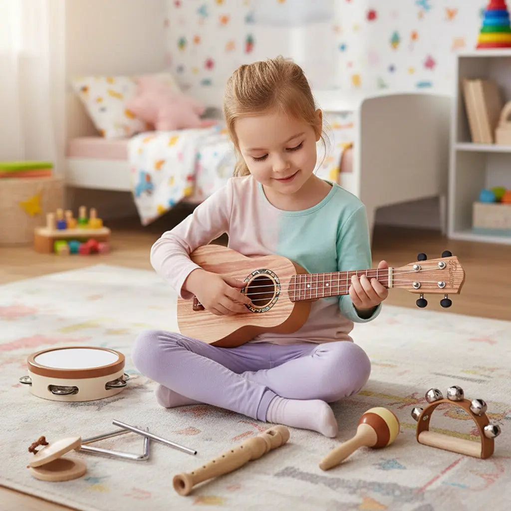 Fidtoy Ensemble d'instruments de musique 7 pièces pour tout-petits - Ukulélé et jouets d'apprentissage du rythme pour enfants