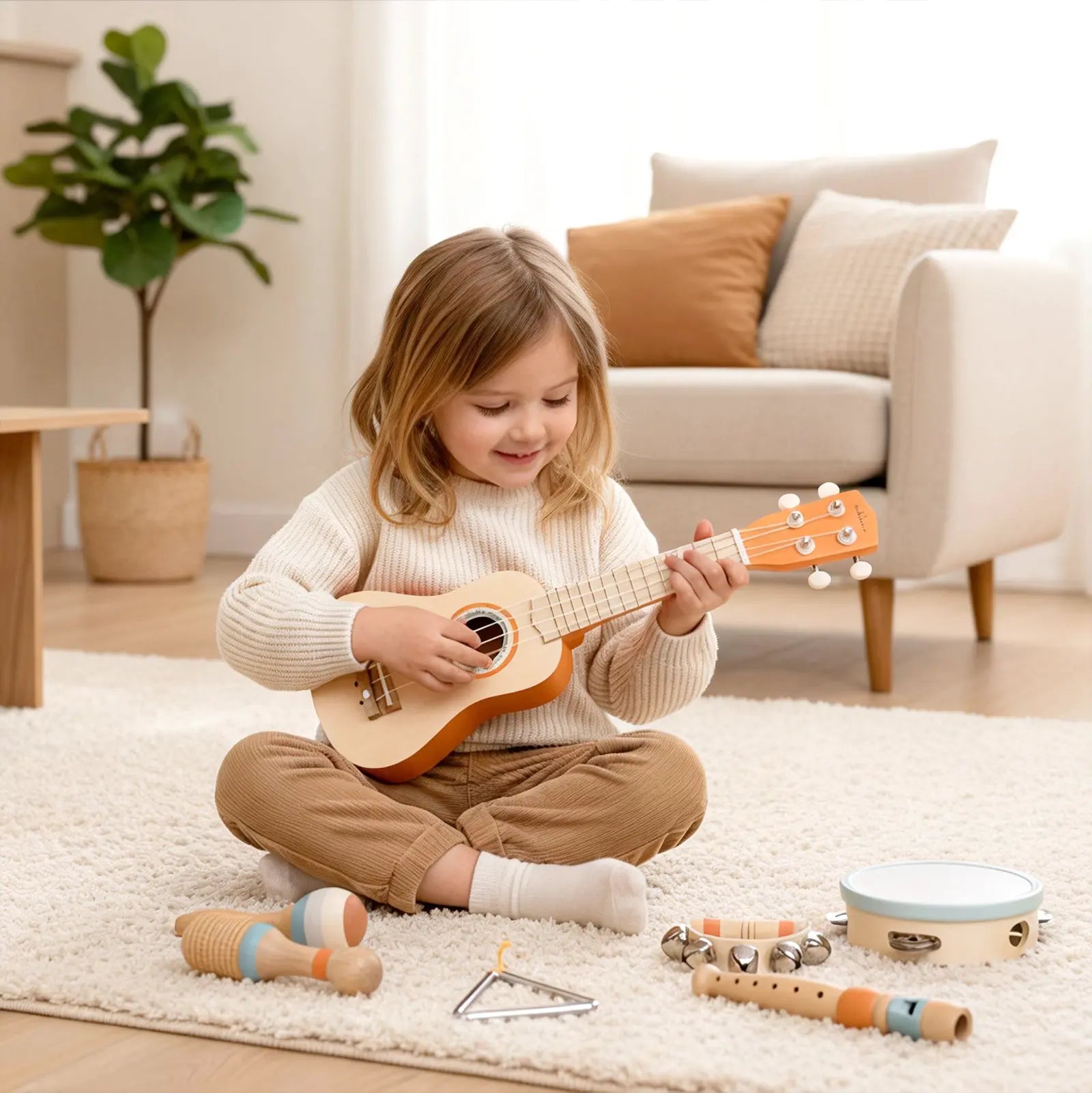 Fidtoy Juego de instrumentos musicales de 7 piezas para niños pequeños Ukelele Juguetes de aprendizaje de ritmo para niños