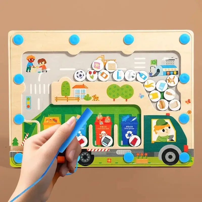 Fidtoy Magnetic Pickup Truck Board – Montessori Maze Toy for Preschoolers’ Fine Motor and Recycling Skills