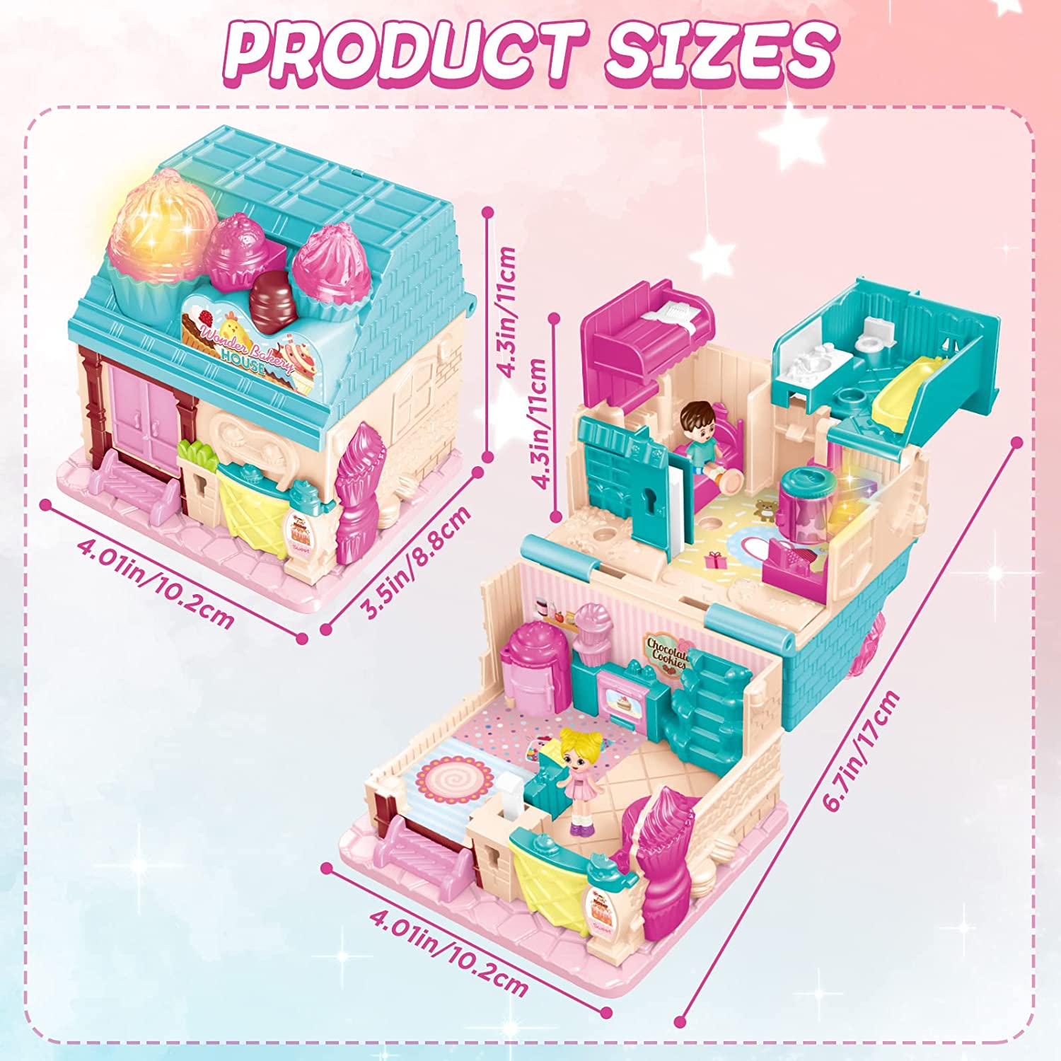 Portable Dollhouse Playset Bakery House Room Toy Mini 3D Doll House Pretend Play Toy With light and sound Great Gift for Kids
