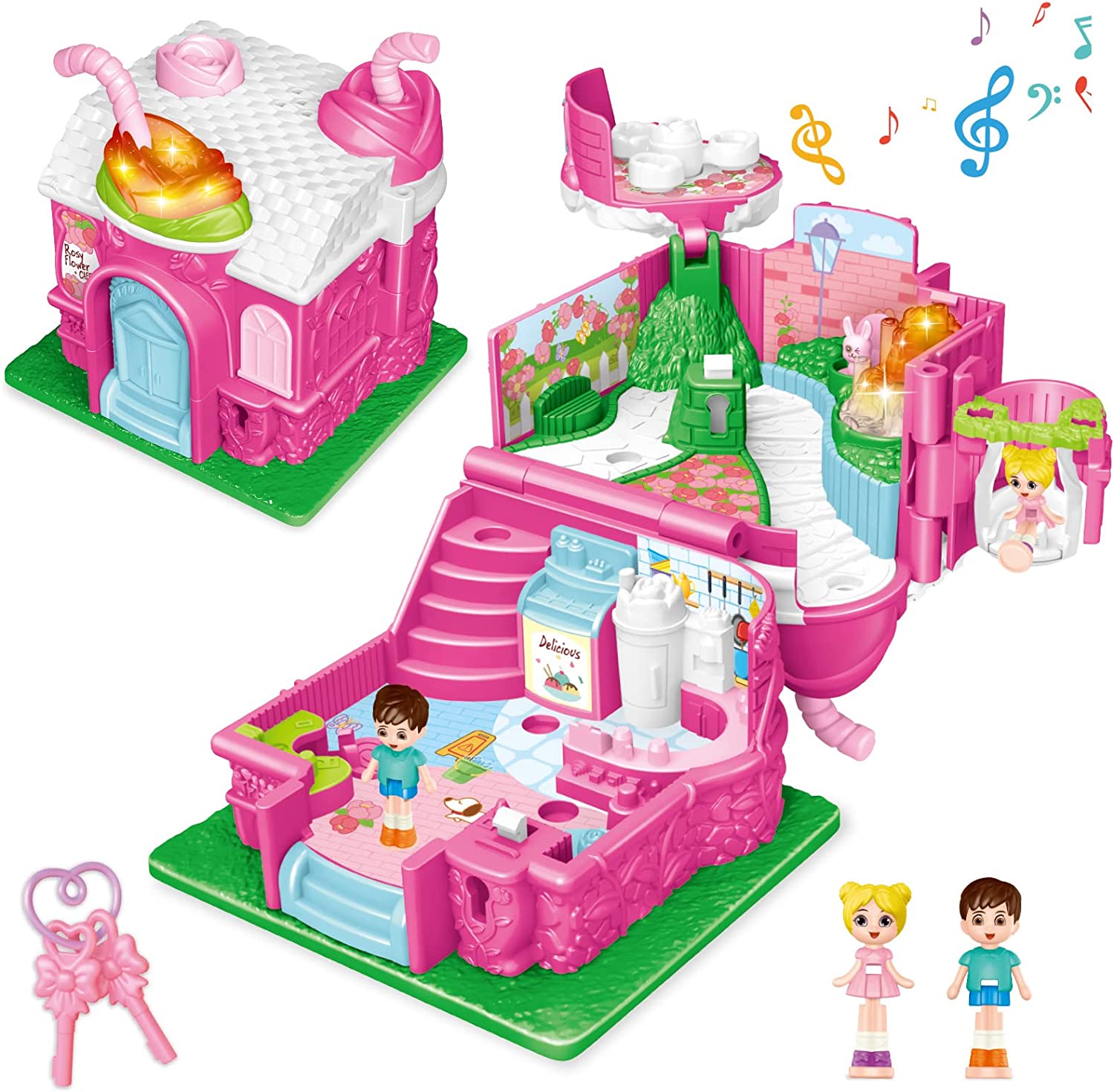 Cafe Garden Dolls House Portable Dollhouse Playset Pretend Play Toy With light and sound Mini 3D Doll House Great Gift for Kids