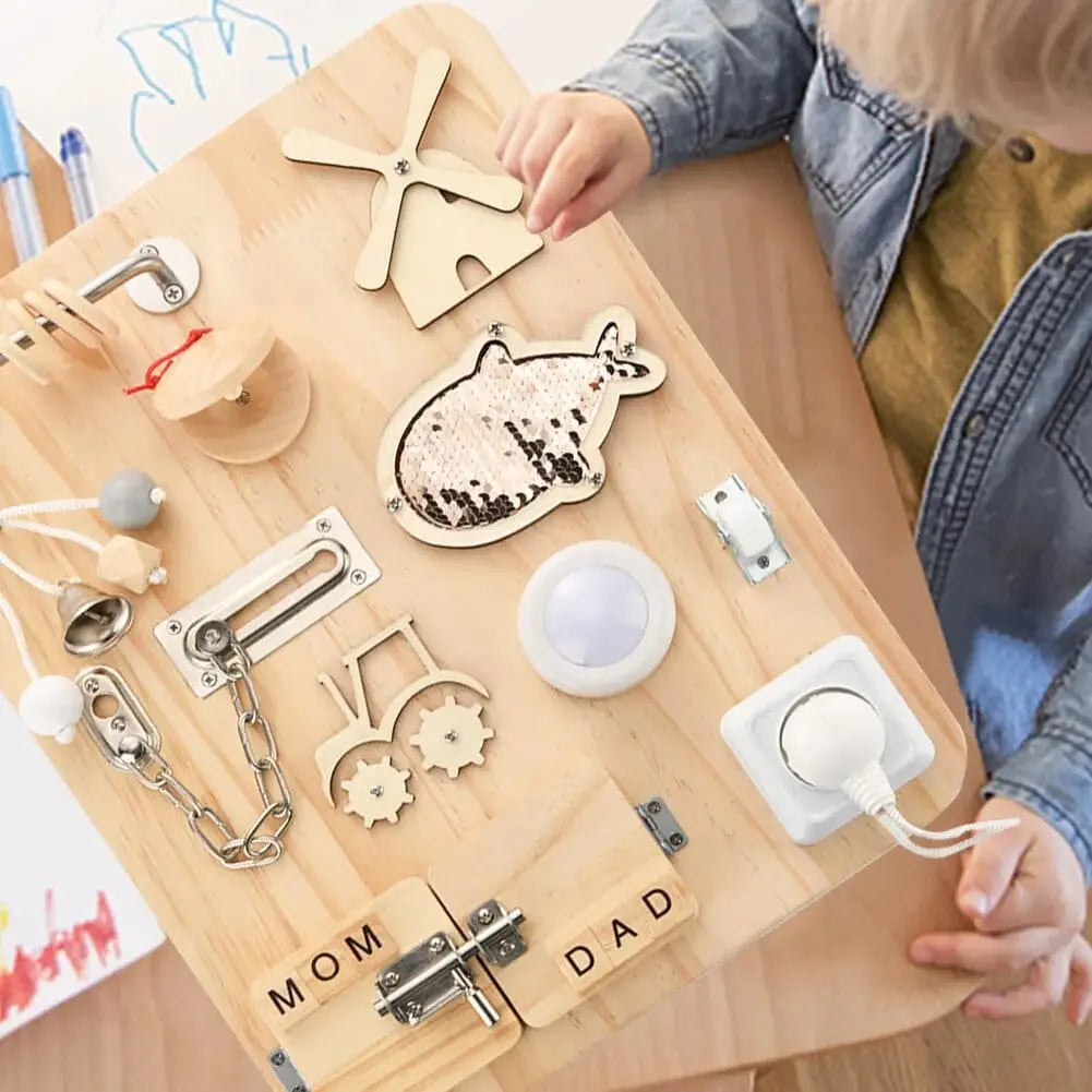 Fidtoy Wooden Busyboard for Toddlers – Montessori Learning Activity Board for Fine Motor Skills