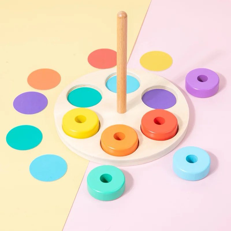 Wooden Color Sorting and Stacking Toy - Fine Motor Activity for Toddlers