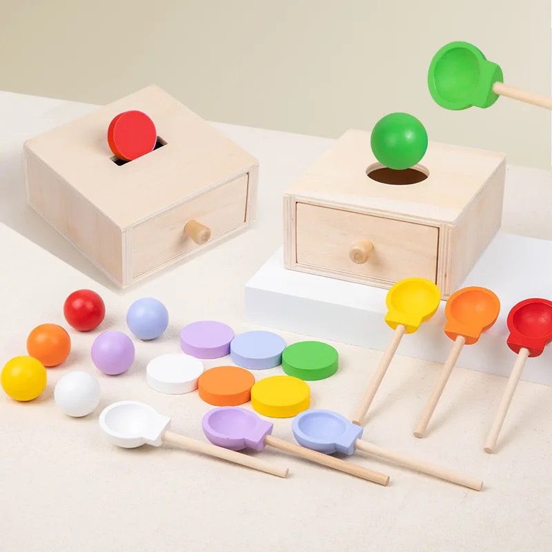3-in-1 Montessori Object Permanence Box - Ball Drop, Coin Drop, and Color Sorting with Spoons