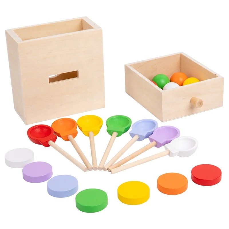 3-in-1 Montessori Object Permanence Box - Ball Drop, Coin Drop, and Color Sorting with Spoons