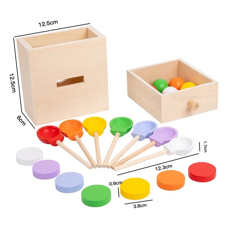 3-in-1 Montessori Object Permanence Box - Ball Drop, Coin Drop, and Color Sorting with Spoons