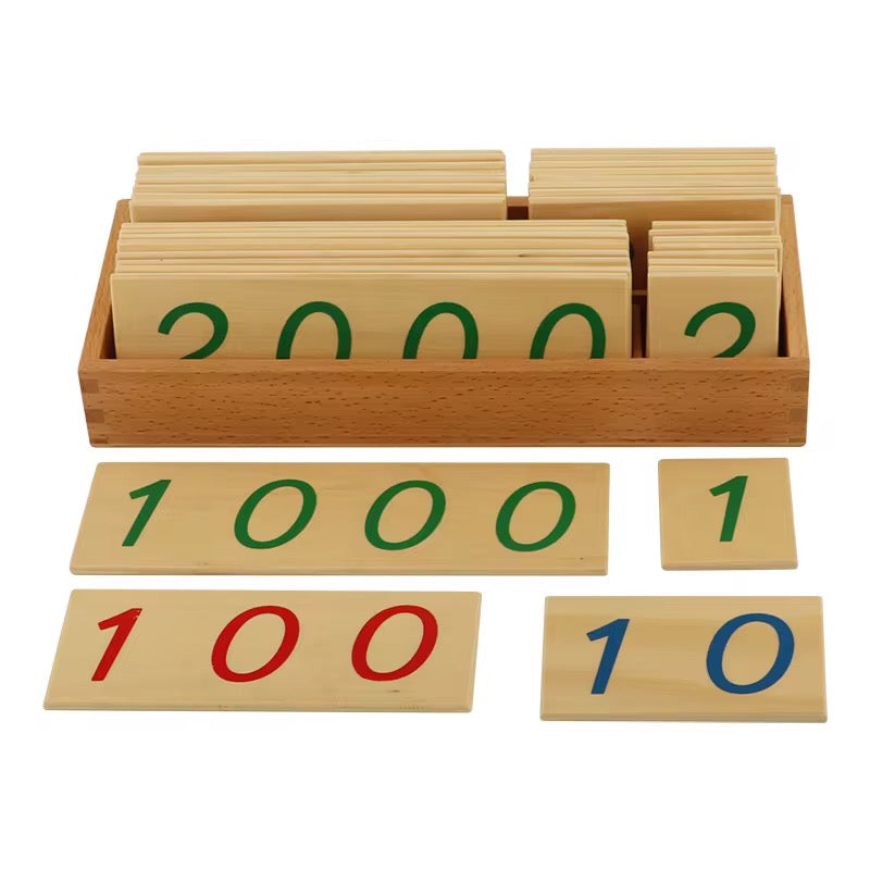 Montessori Small Wooden Number Cards (1-9000) | Color-Coded Place Value Set with Storage Box