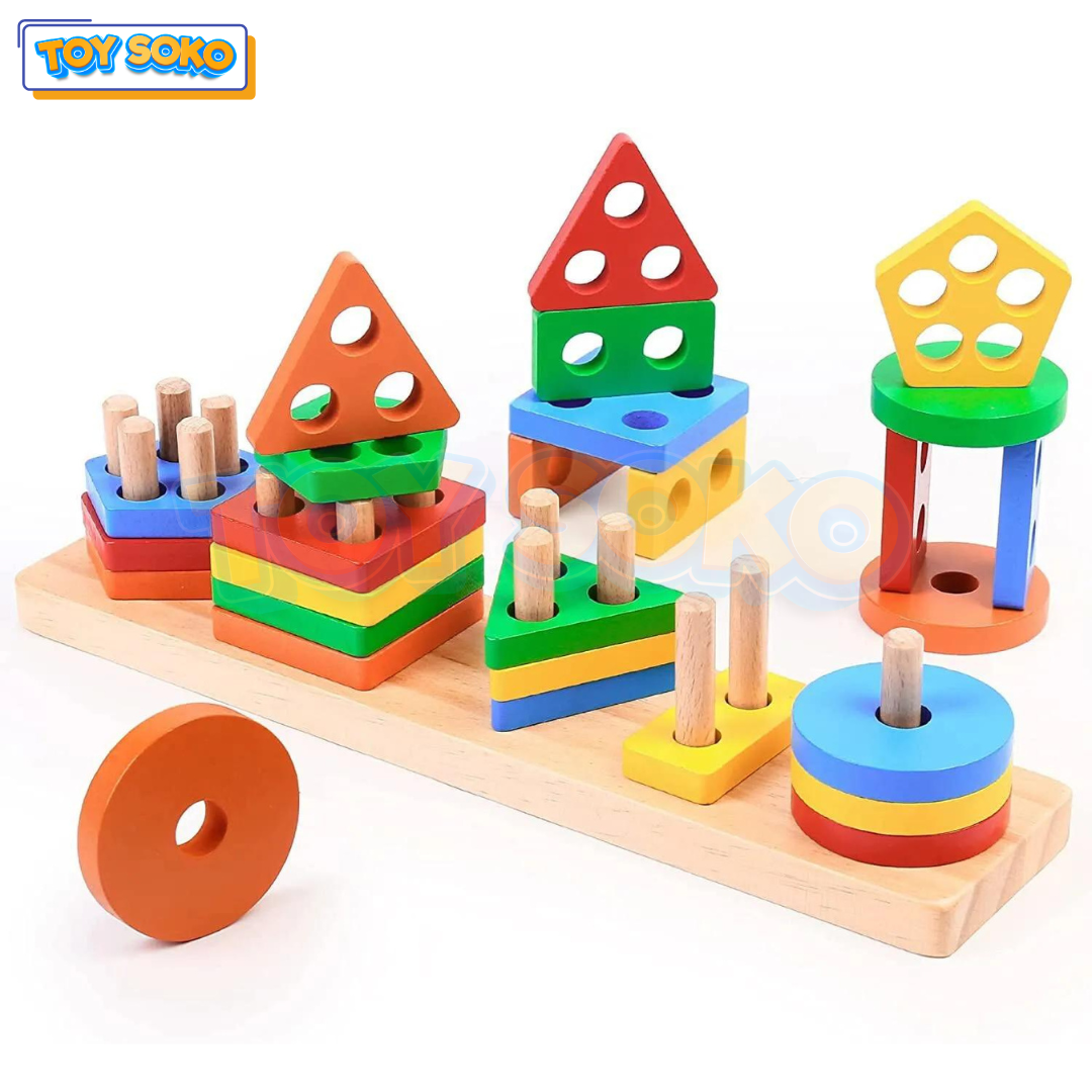 Montessori Wooden Shape Sorter Stacking – Infant Learning toys