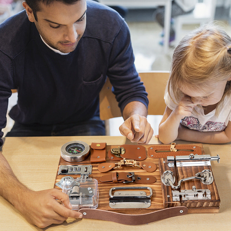 Wooden Busy Board Children Montessori Toy Latches Locks Compass Belts Clips