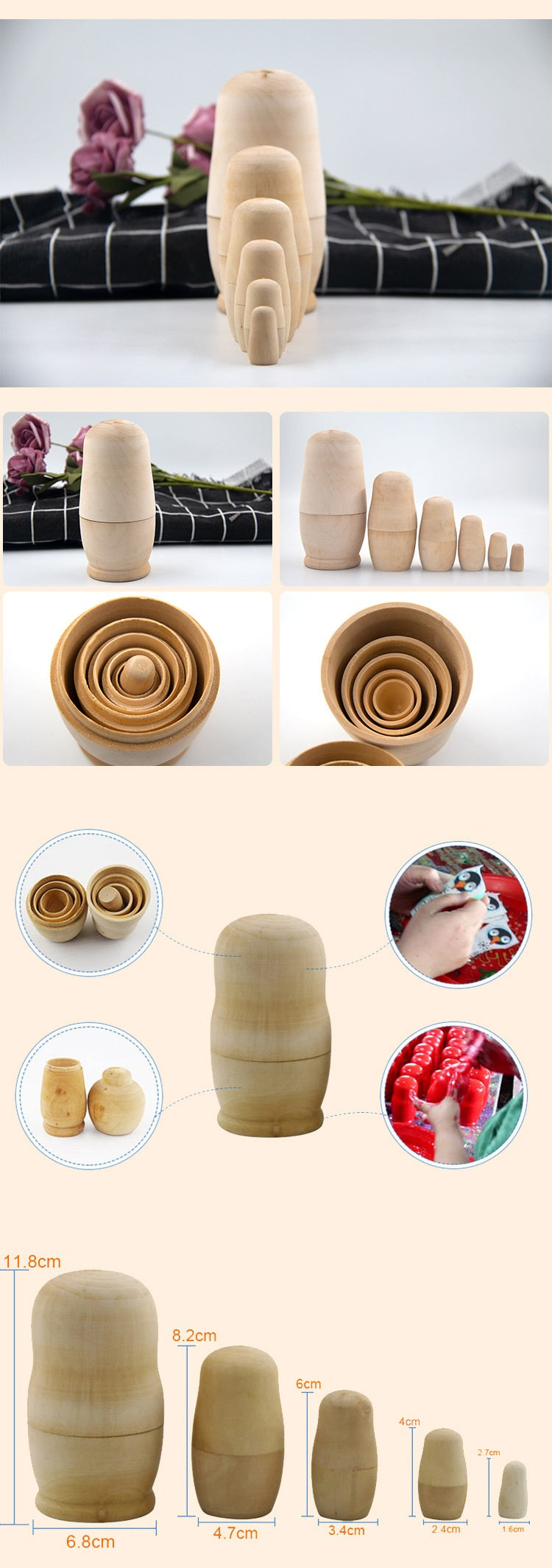 Wooden Natural Nesting Dolls Russian Dolls 5Pc