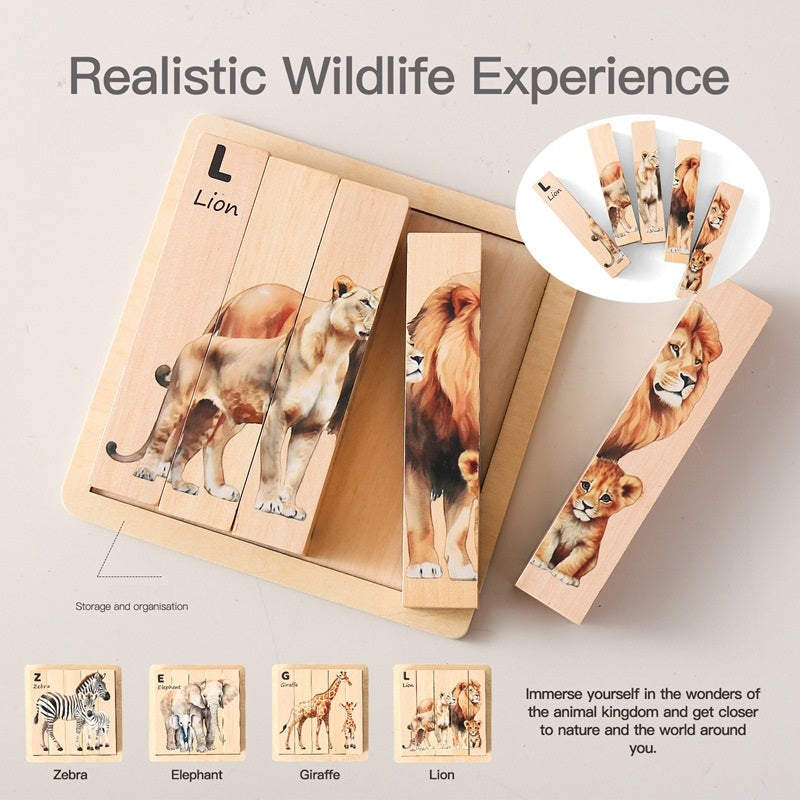 Wooden Jungle Puzzle Blocks 4 Rotatable sides With Tray
